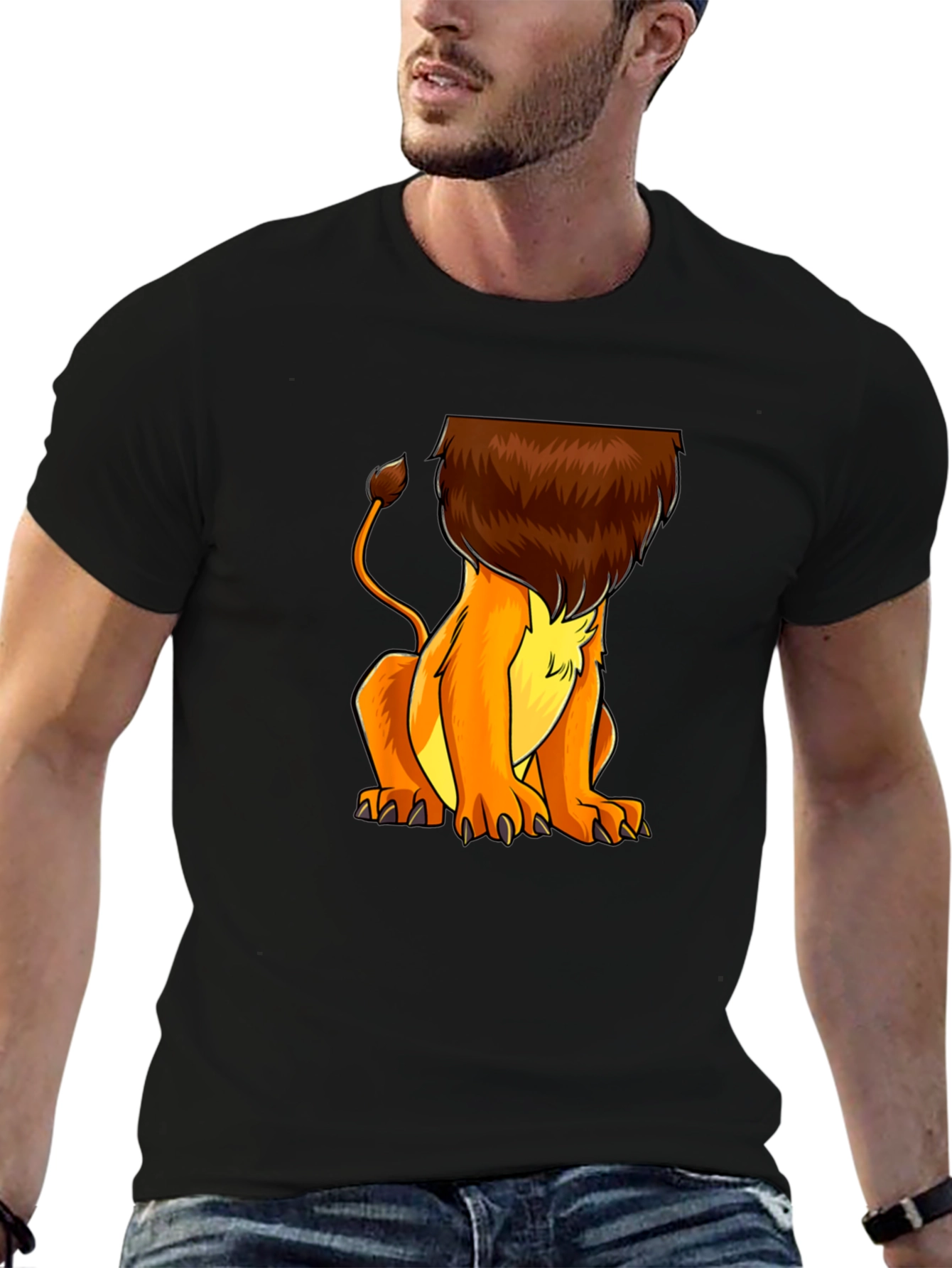 Lion Cartoon Graphic Print Black T-Shirt