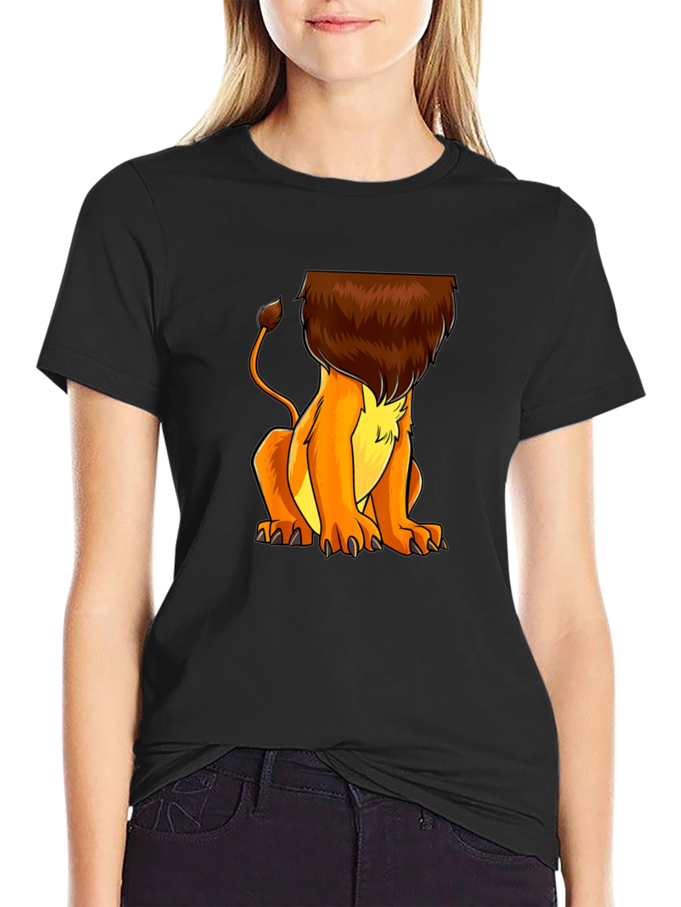 Lion Cartoon Graphic Print Black T-Shirt