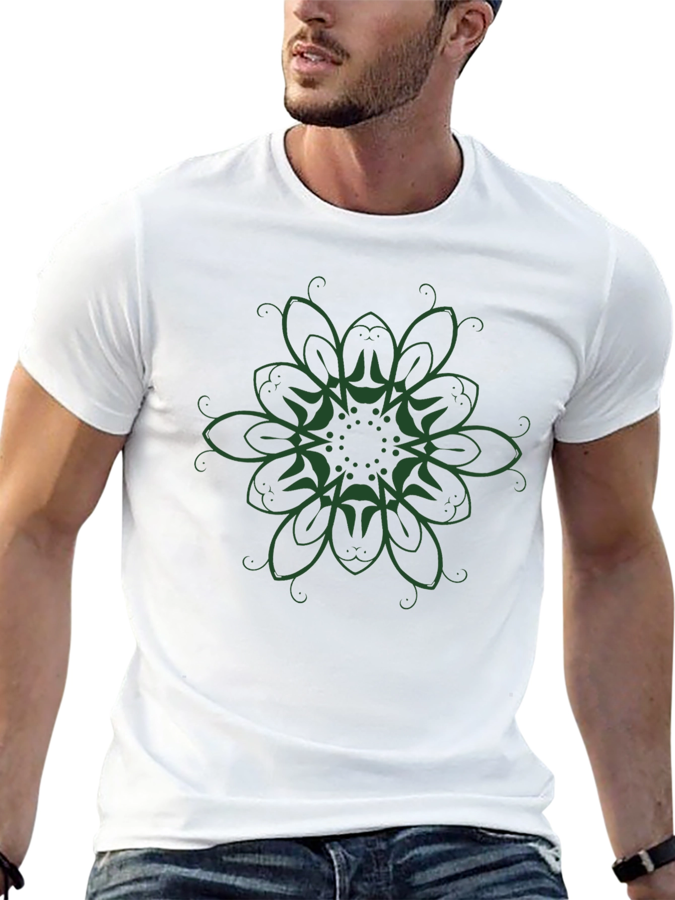Black T-Shirt with Green Floral Graphic Print
