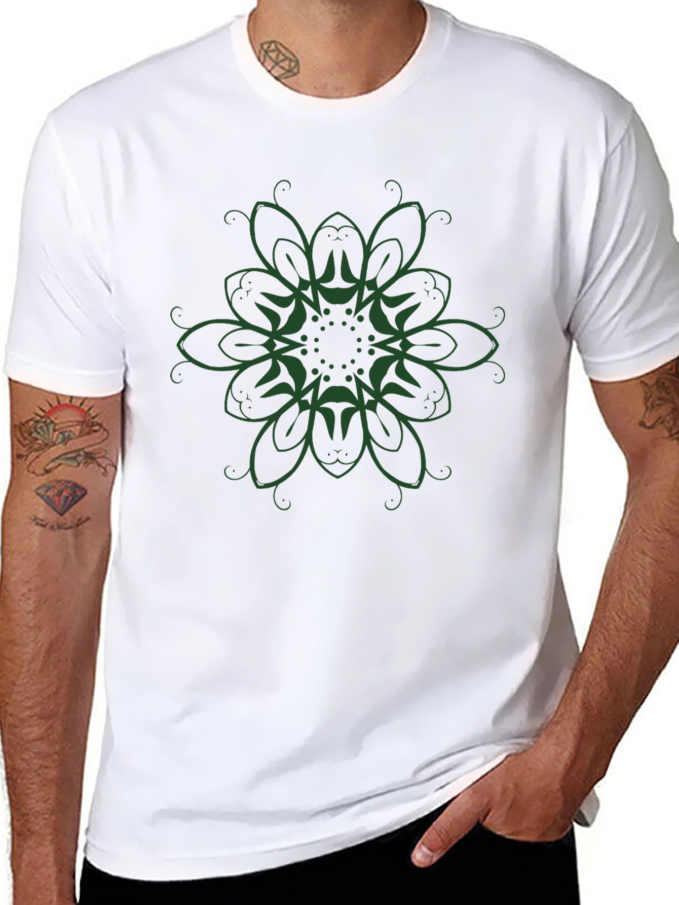 Black T-Shirt with Green Floral Graphic Print