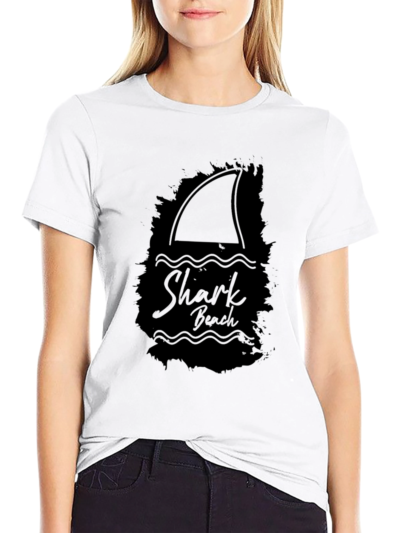 Shark Beach Graphic Tee - Black Cotton T-Shirt