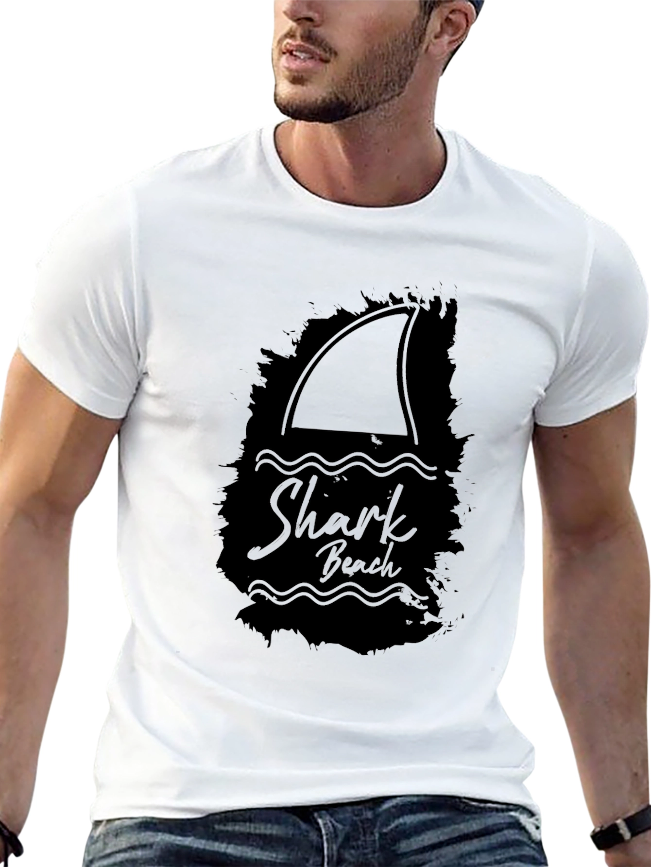 Shark Beach Graphic Tee - Black Cotton T-Shirt
