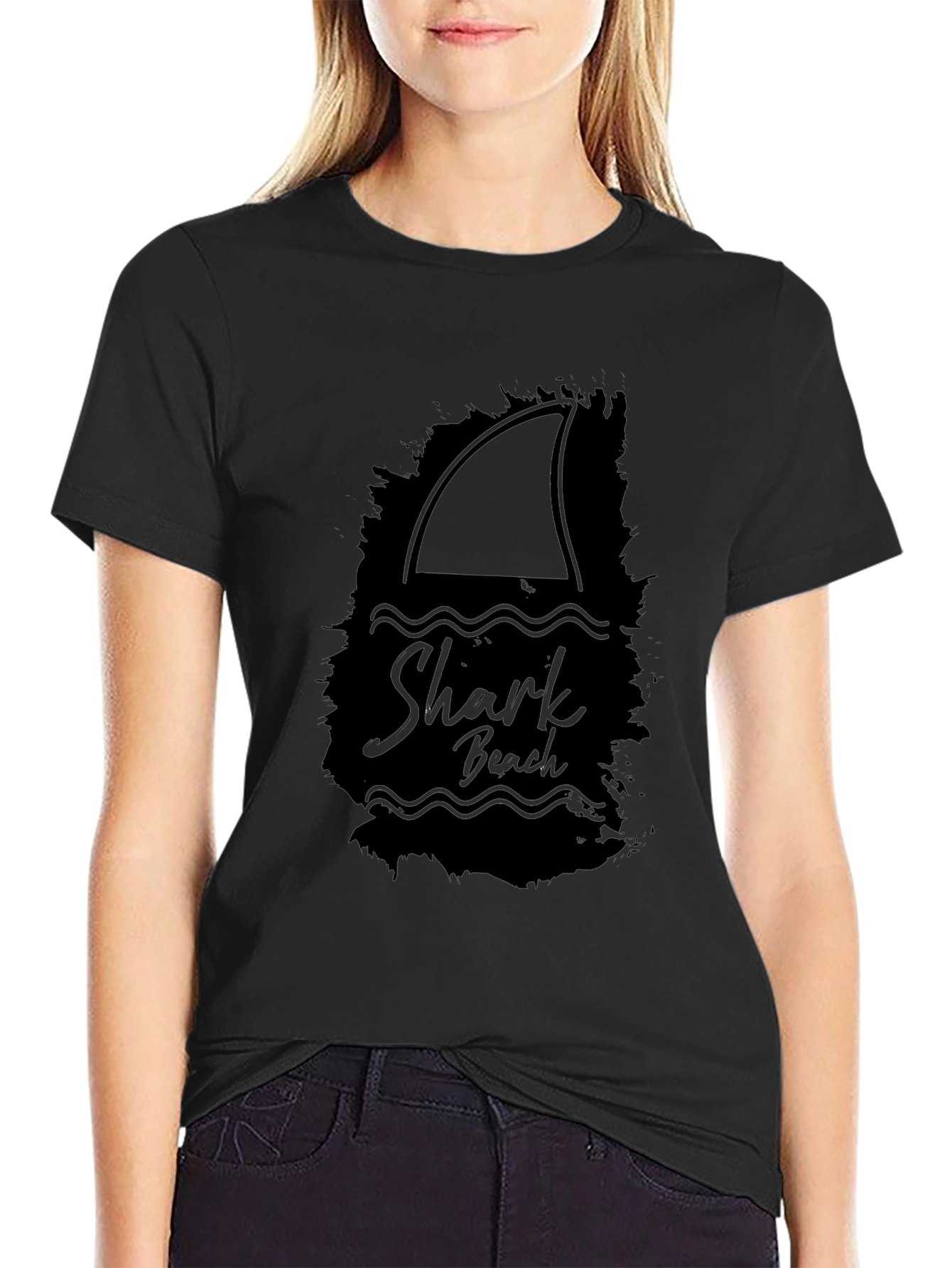 Shark Beach Graphic Tee - Black Cotton T-Shirt