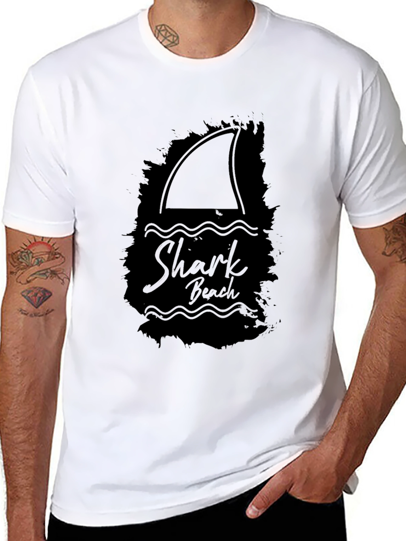 Shark Beach Graphic Tee - Black Cotton T-Shirt