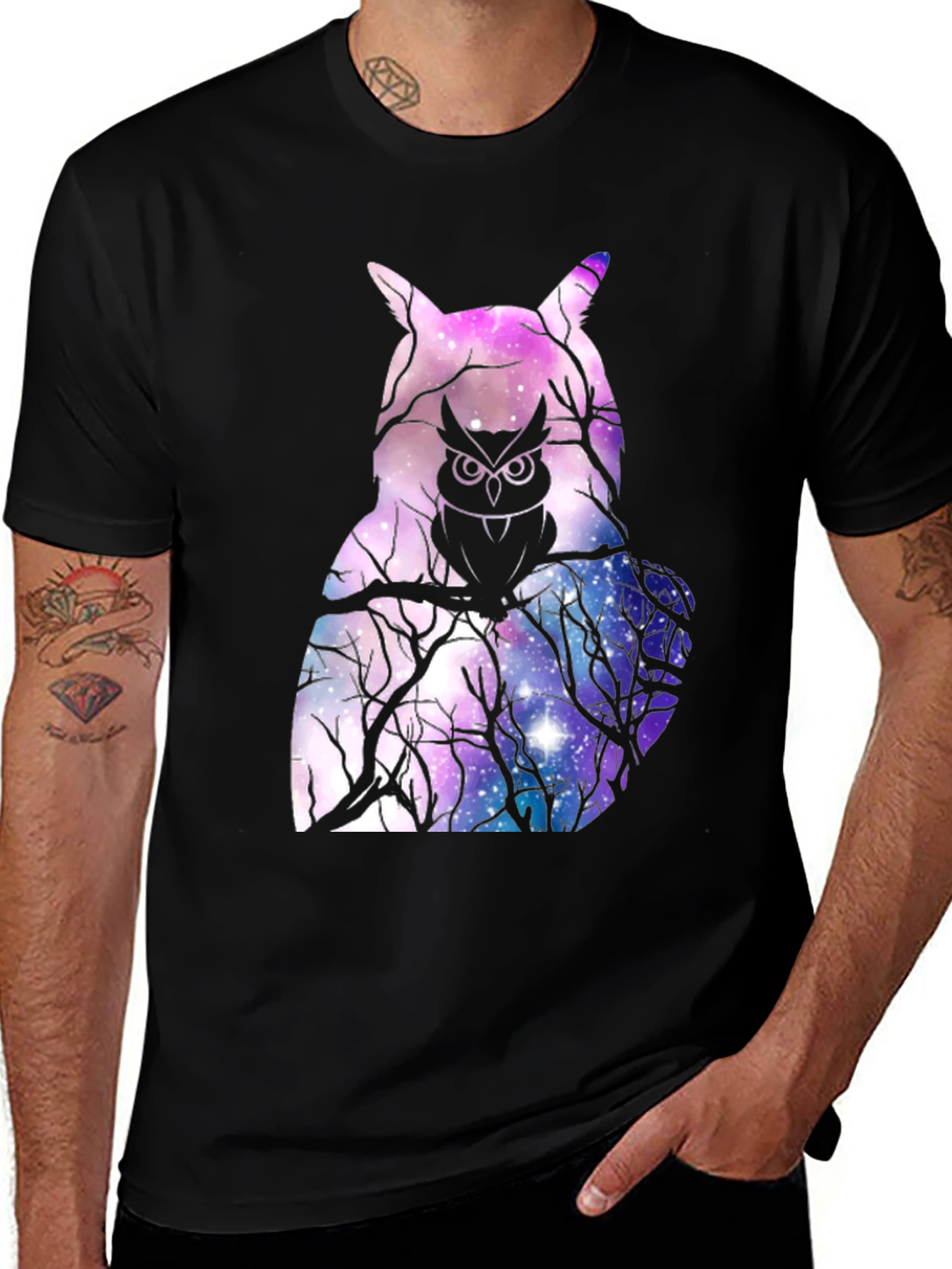 Cosmic Owl Graphic T-Shirt - Galaxy Print Mens Tee
