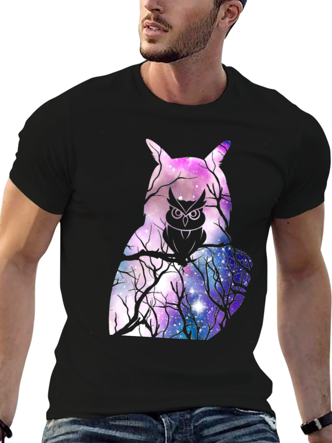 Cosmic Owl Graphic T-Shirt - Galaxy Print Mens Tee