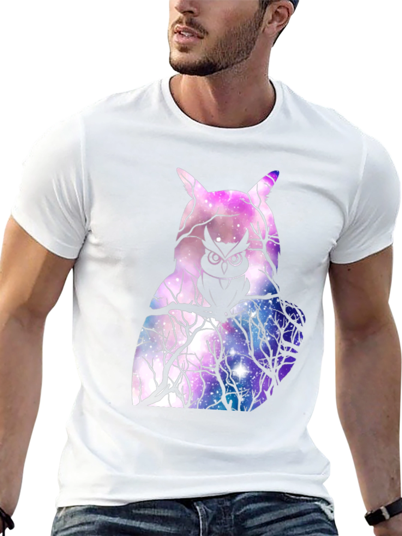 Cosmic Owl Graphic T-Shirt - Galaxy Print Mens Tee