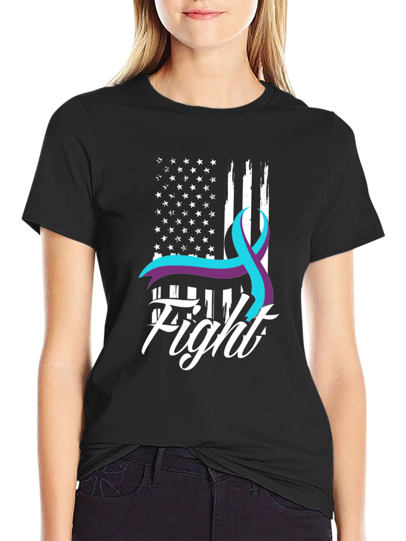 Fight T-Shirt Suicide Prevention Awareness Ribbon USA Flag