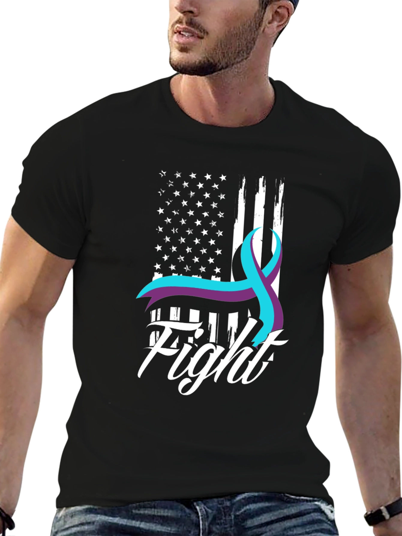 Fight T-Shirt Suicide Prevention Awareness Ribbon USA Flag