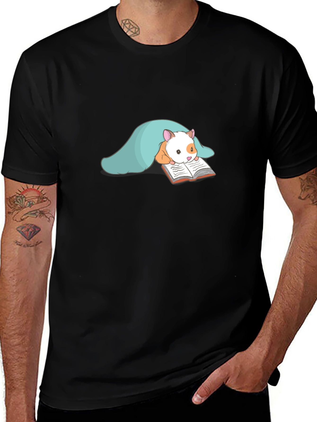 Cute Hamster Reading T-Shirt - Black