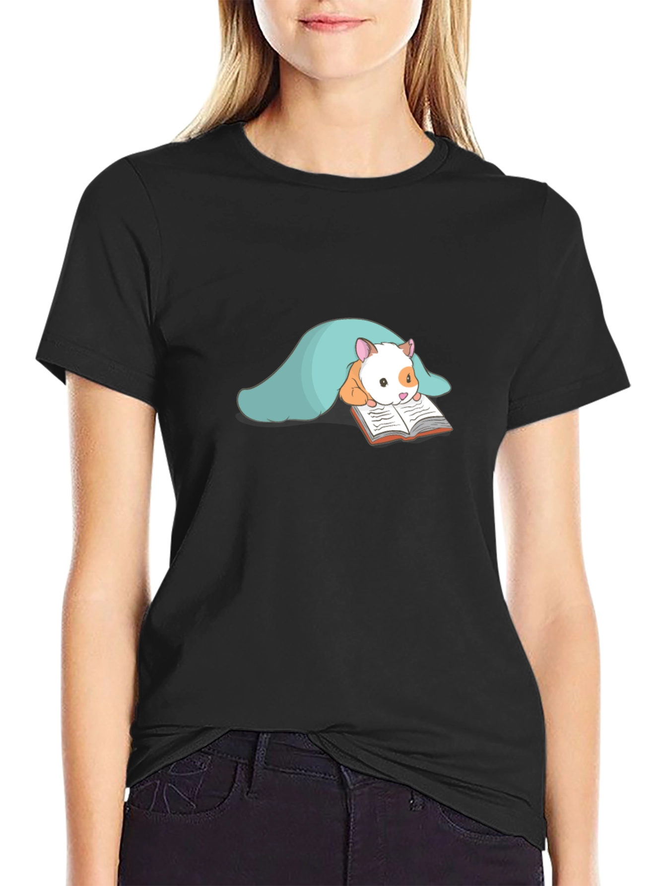 Cute Hamster Reading T-Shirt - Black