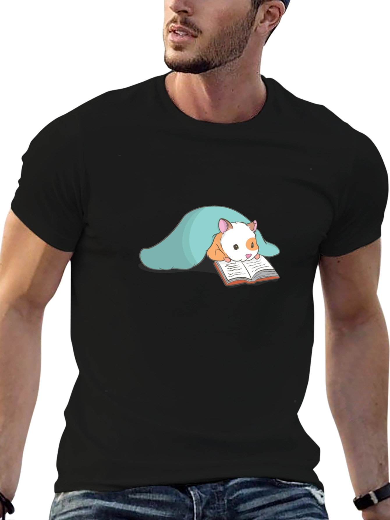 Cute Hamster Reading T-Shirt - Black