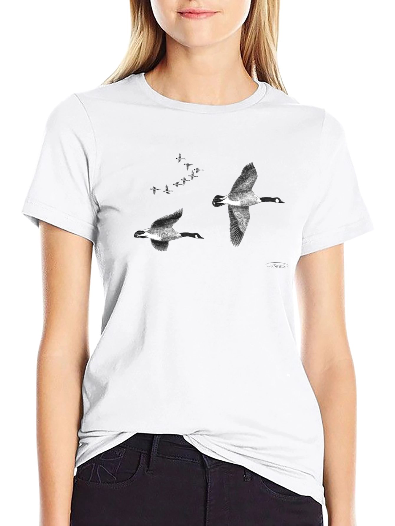 Flying Geese Graphic Tee - Black Cotton Casual T-Shirt