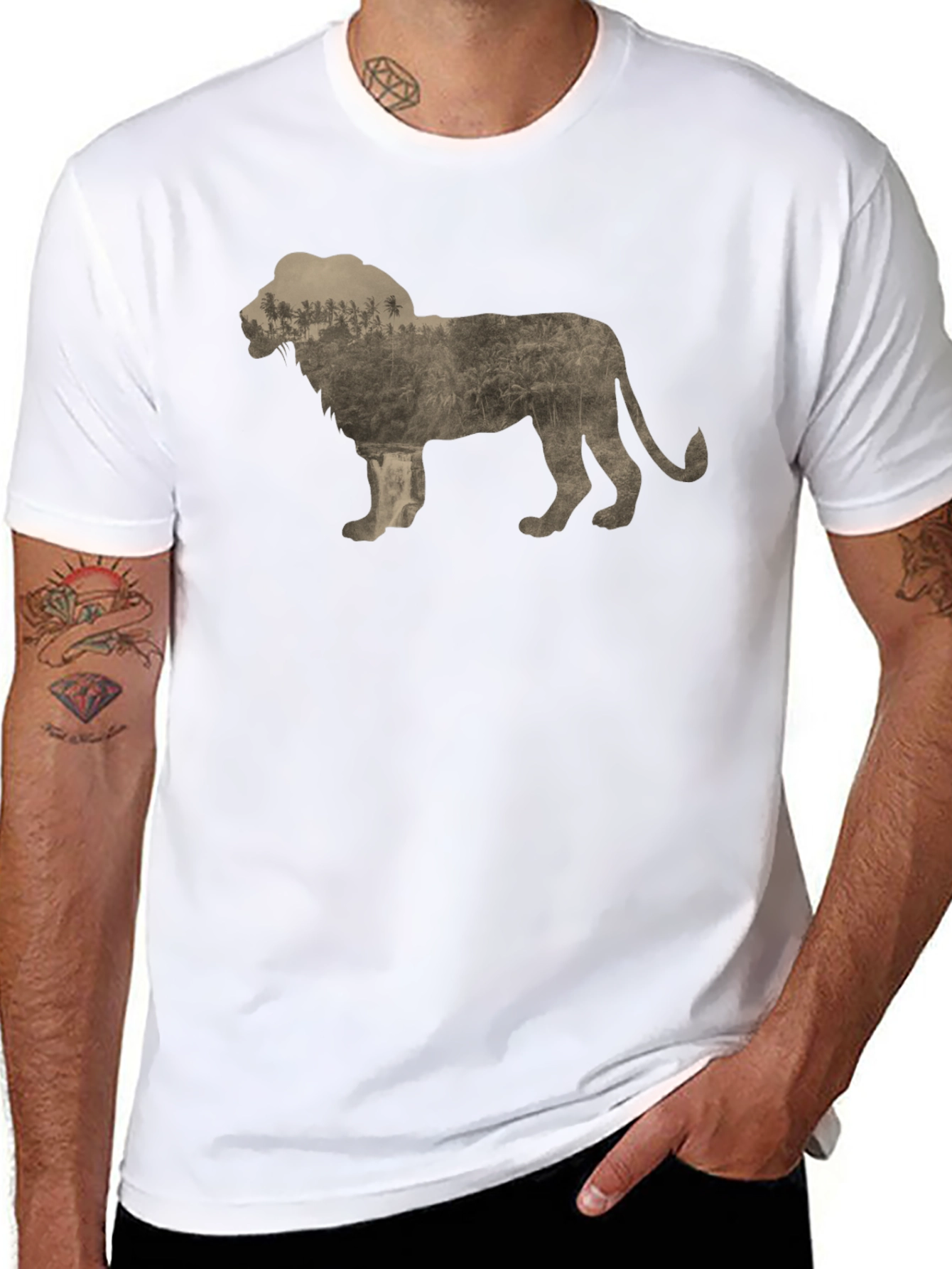 Lion Silhouette Graphic Print Crew Neck Tee - Black
