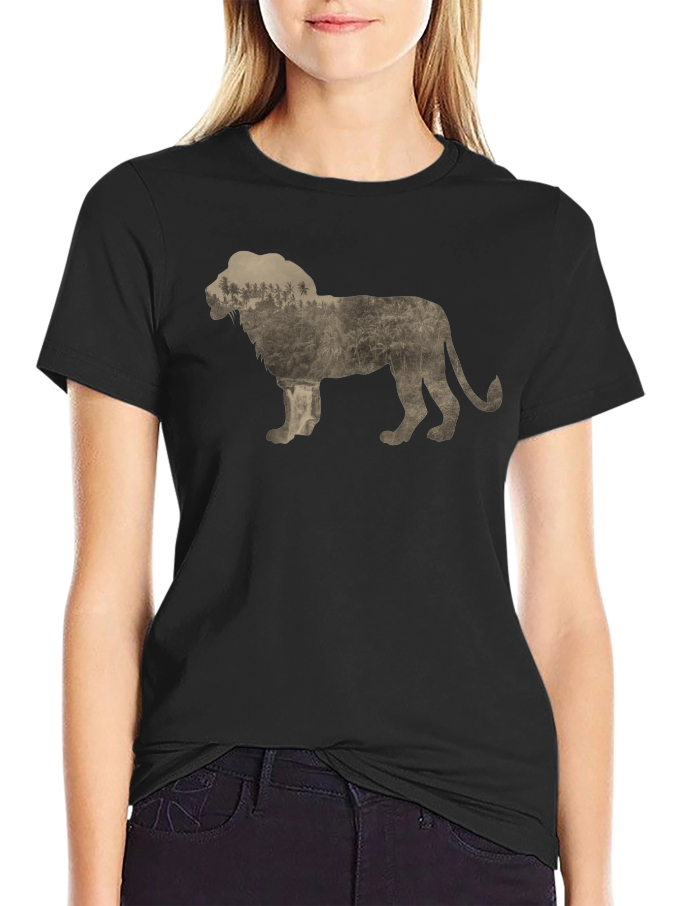 Lion Silhouette Graphic Print Crew Neck Tee - Black