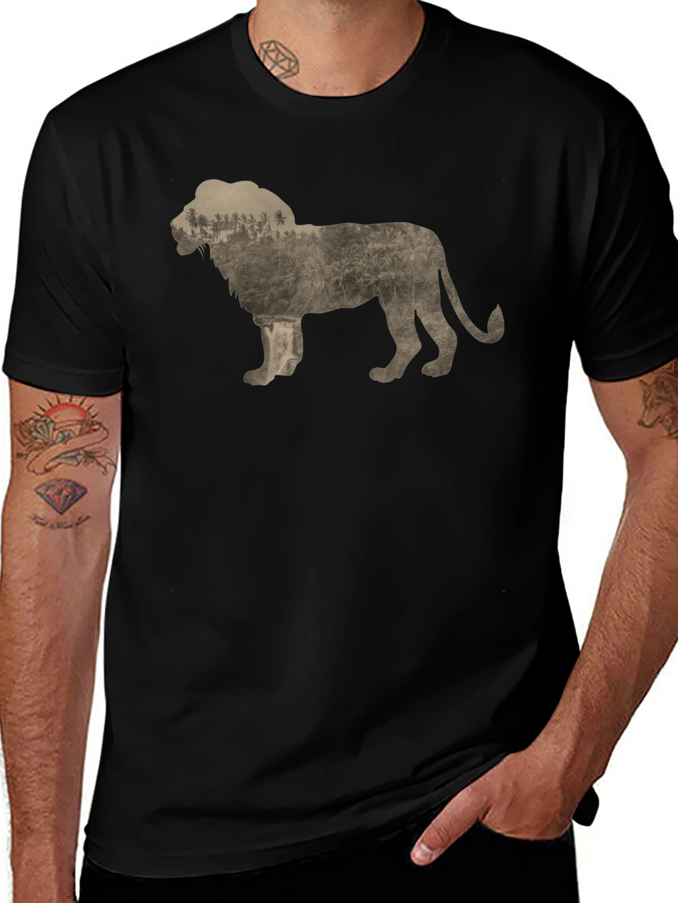 Lion Silhouette Graphic Print Crew Neck Tee - Black