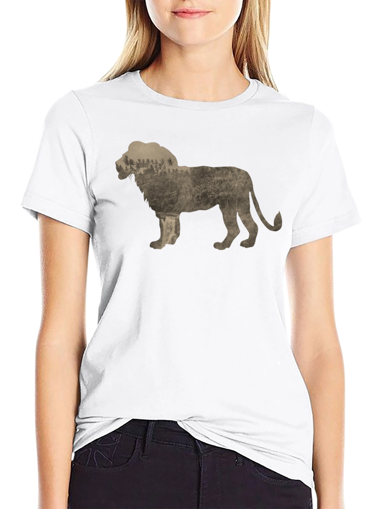 Lion Silhouette Graphic Print Crew Neck Tee - Black