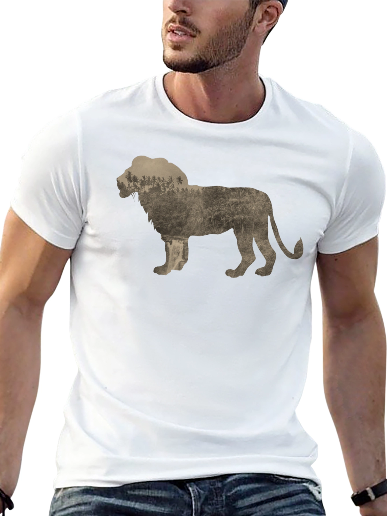Lion Silhouette Graphic Print Crew Neck Tee - Black