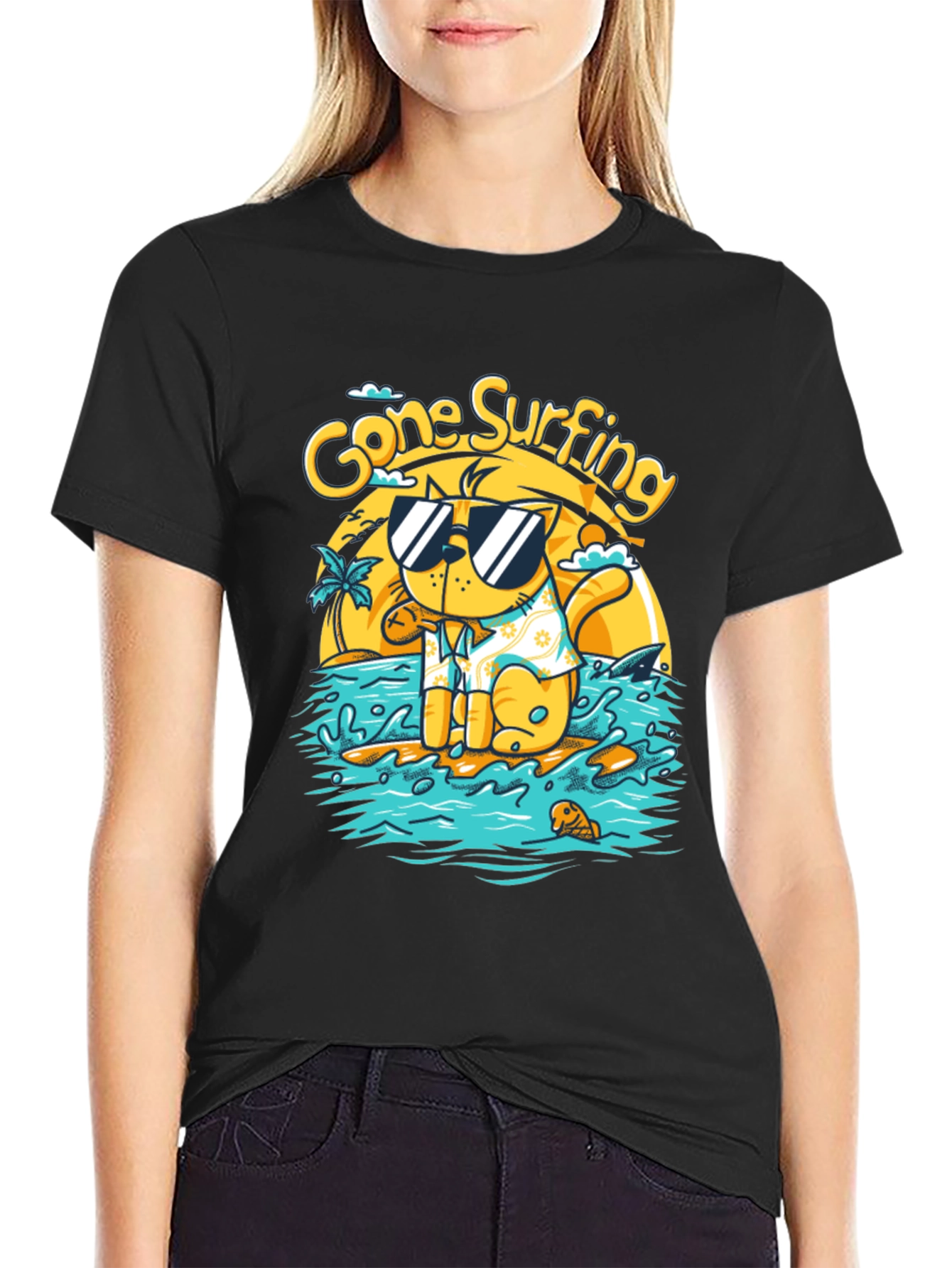 Gone Surfing Cat T-Shirt - Black