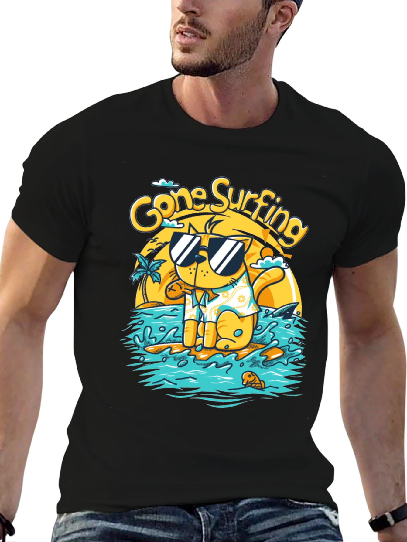 Gone Surfing Cat T-Shirt - Black
