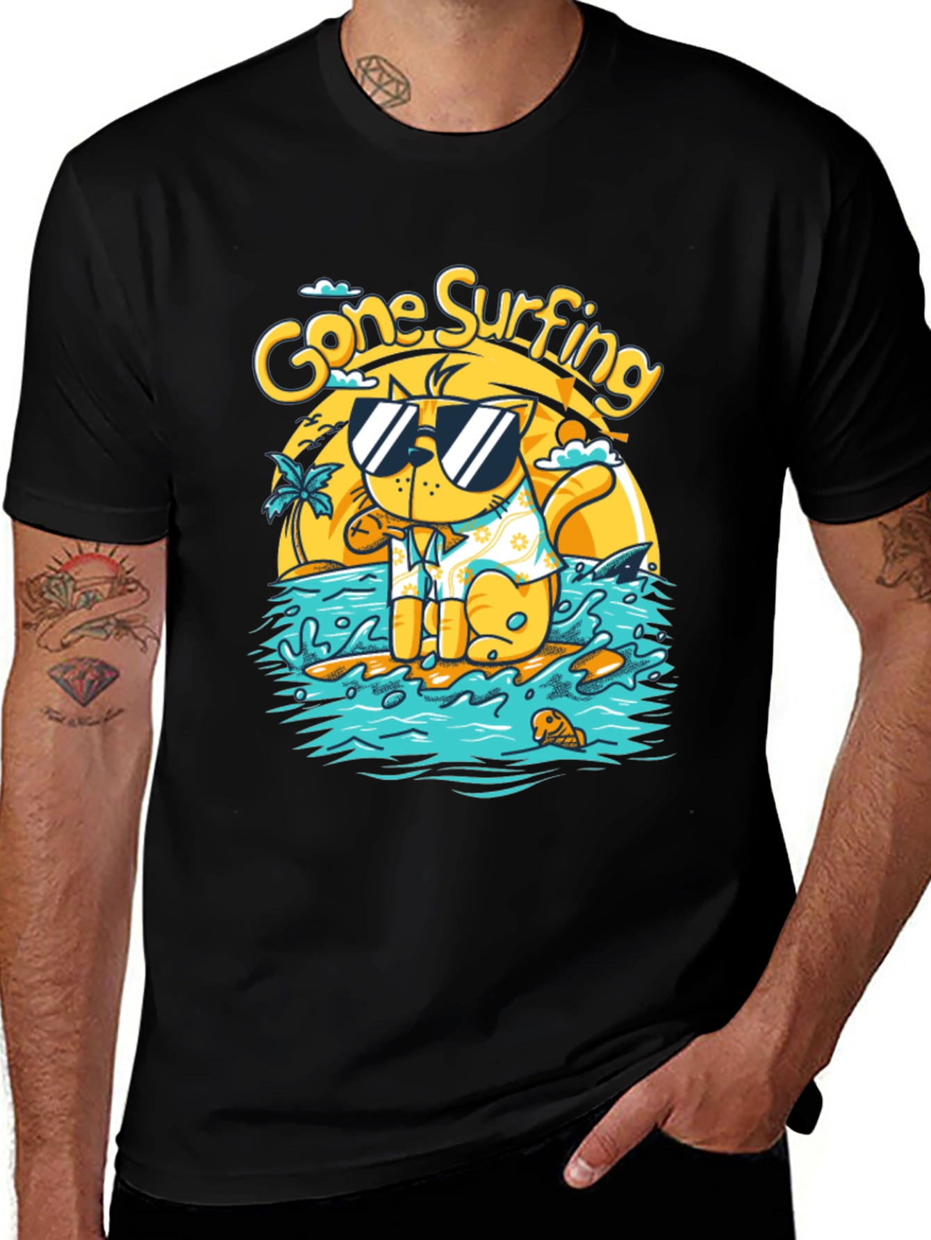 Gone Surfing Cat T-Shirt - Black