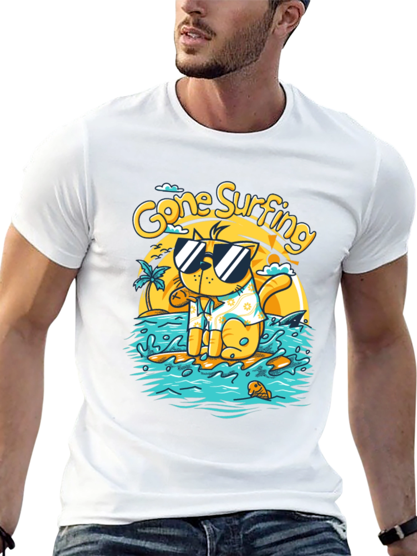 Gone Surfing Cat T-Shirt - Black