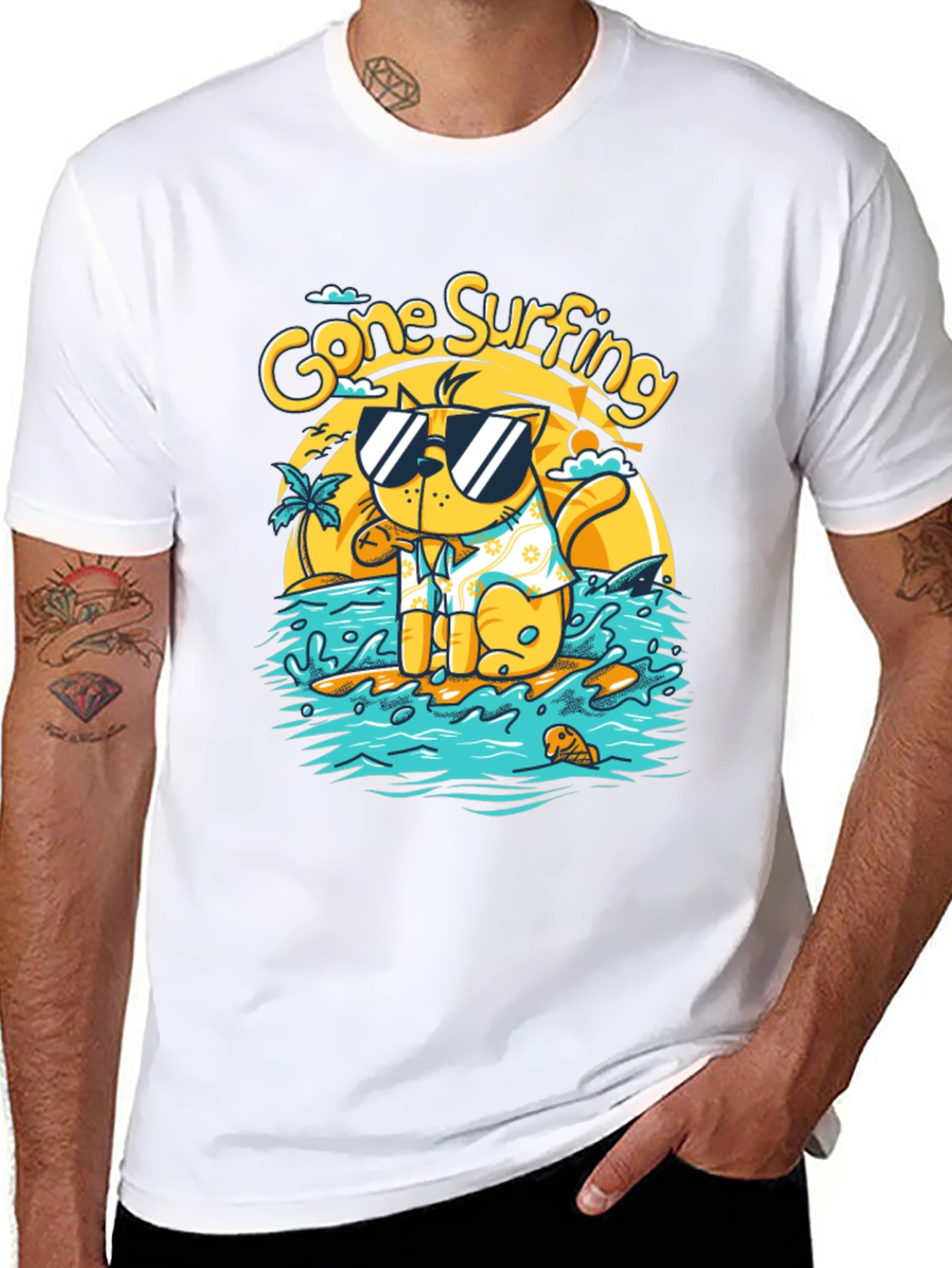 Gone Surfing Cat T-Shirt - Black