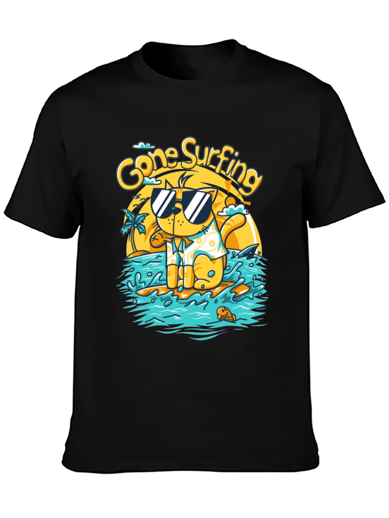 Gone Surfing Cat T-Shirt - Black