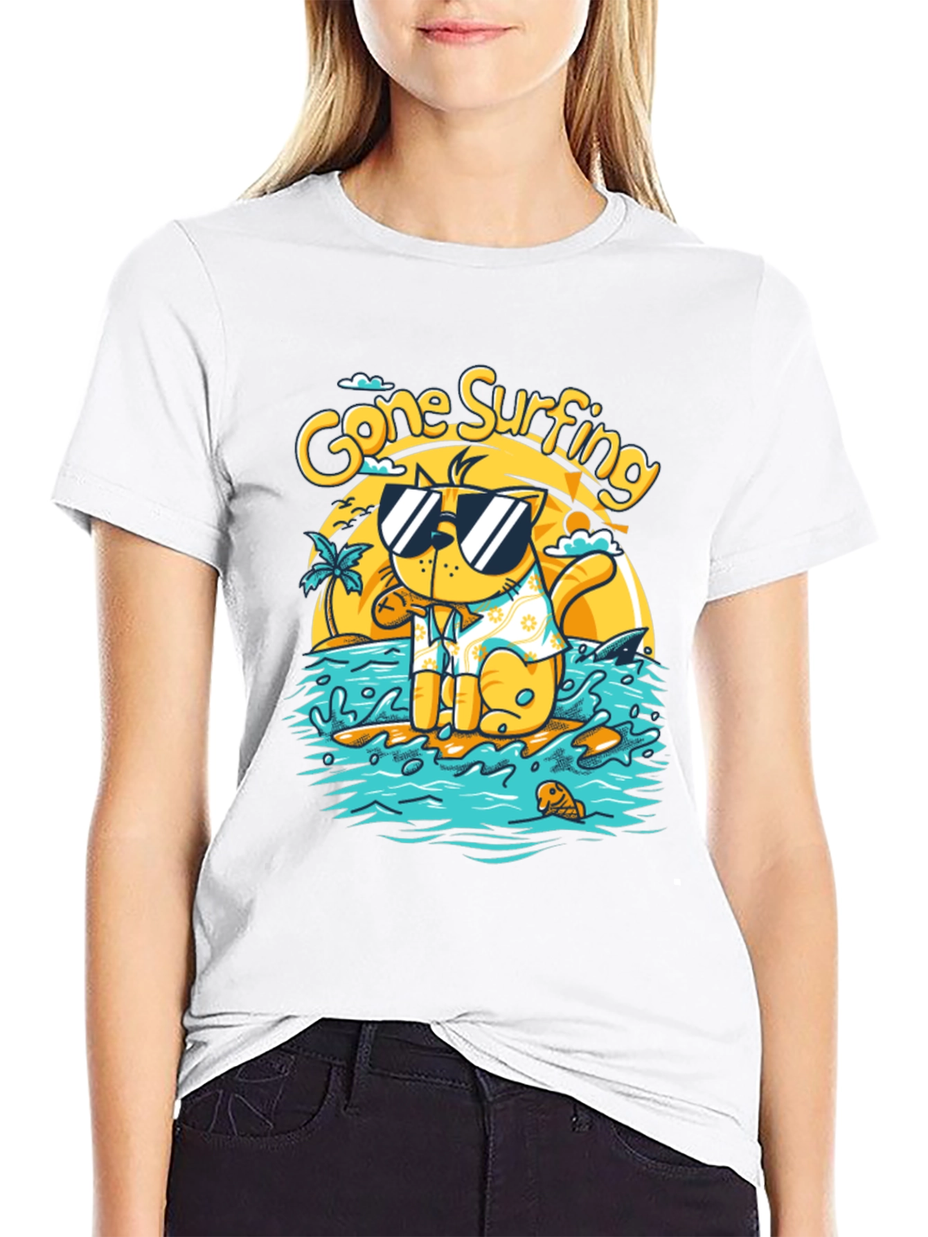 Gone Surfing Cat T-Shirt - Black