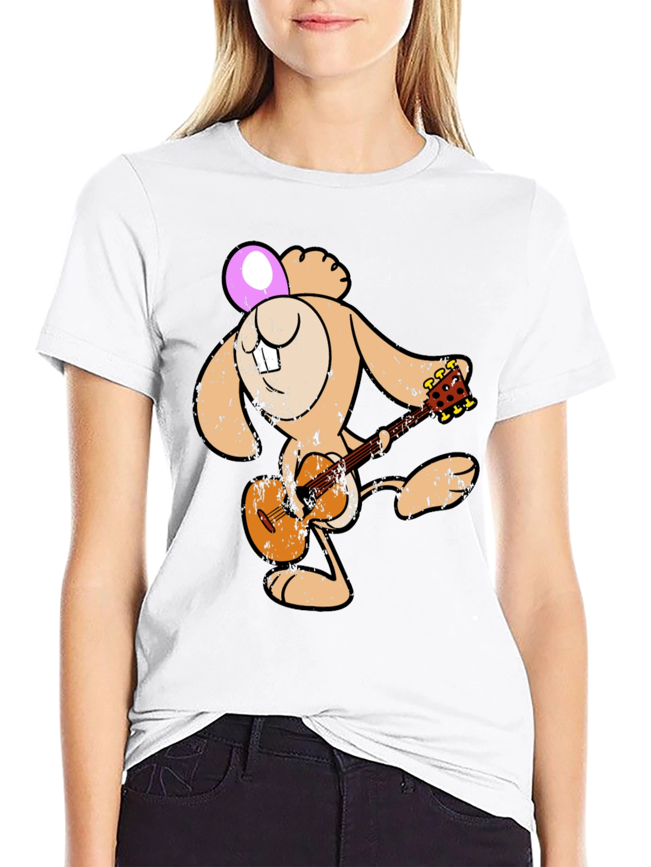 Cartoon Bunny Playing Guitar Graphic Tee