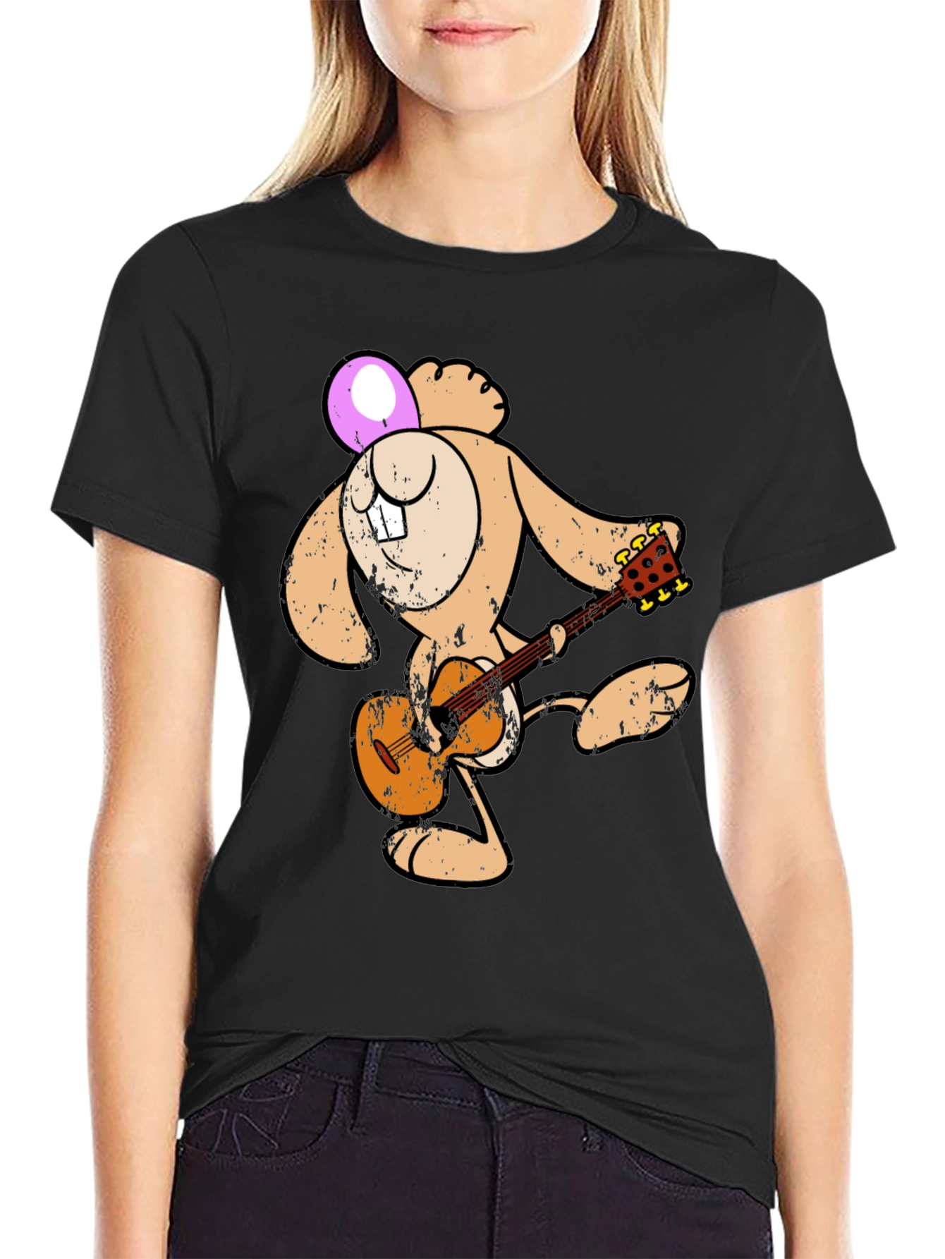 Cartoon Bunny Playing Guitar Graphic Tee