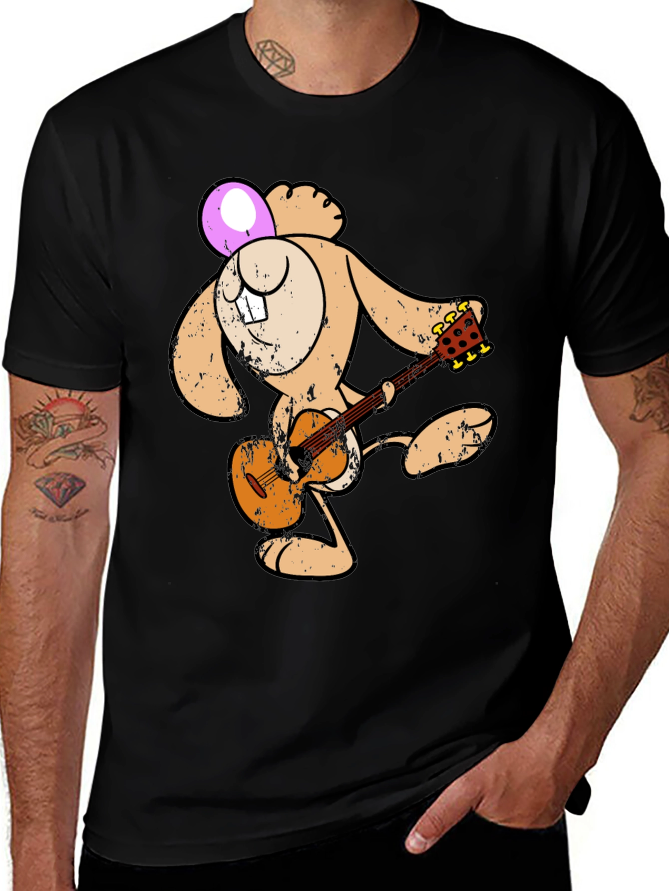 Cartoon Bunny Playing Guitar Graphic Tee