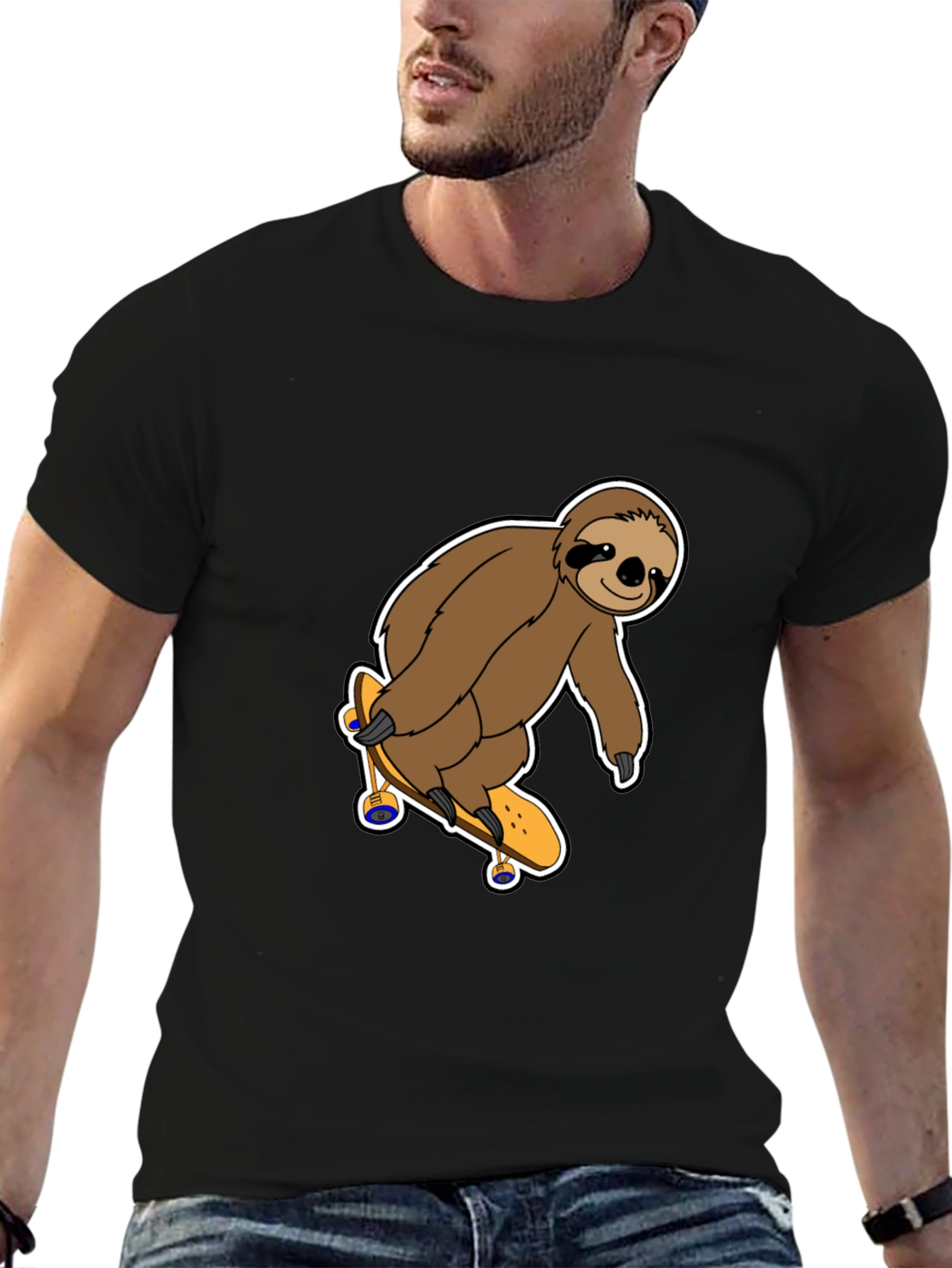 Sloth Skateboarder Graphic Tee - Black Cotton Shirt