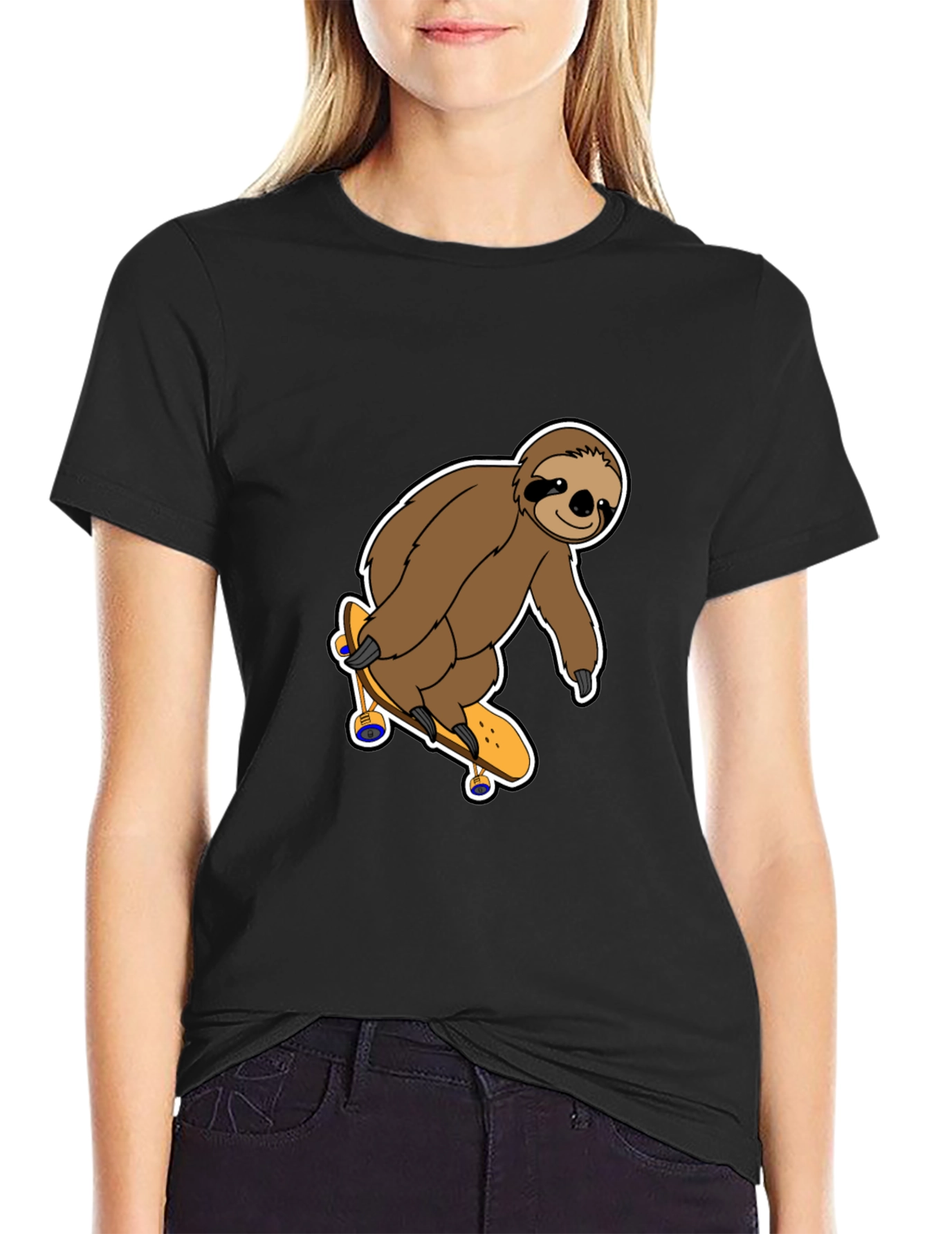 Sloth Skateboarder Graphic Tee - Black Cotton Shirt