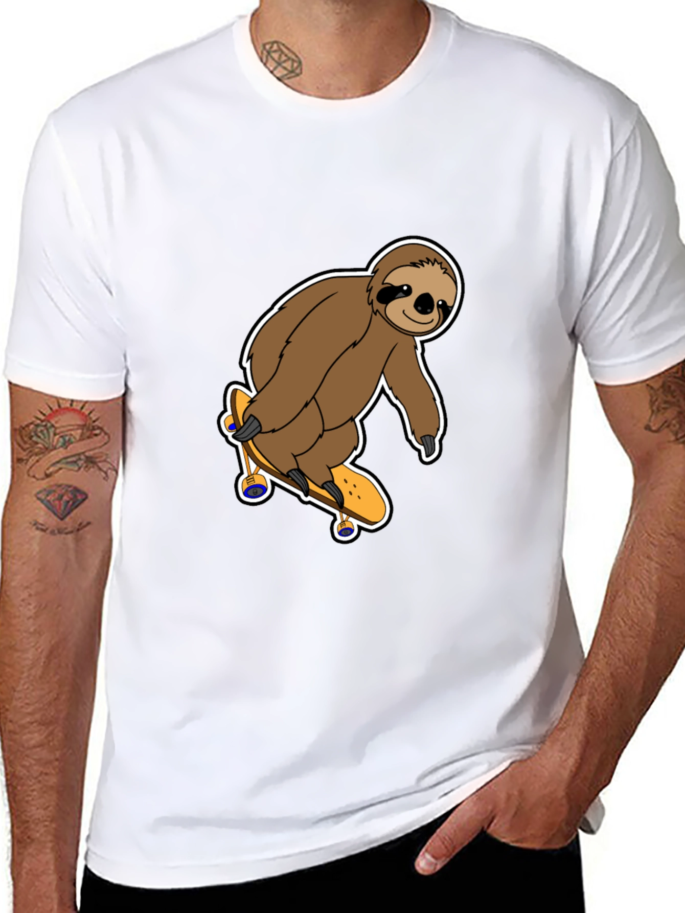Sloth Skateboarder Graphic Tee - Black Cotton Shirt