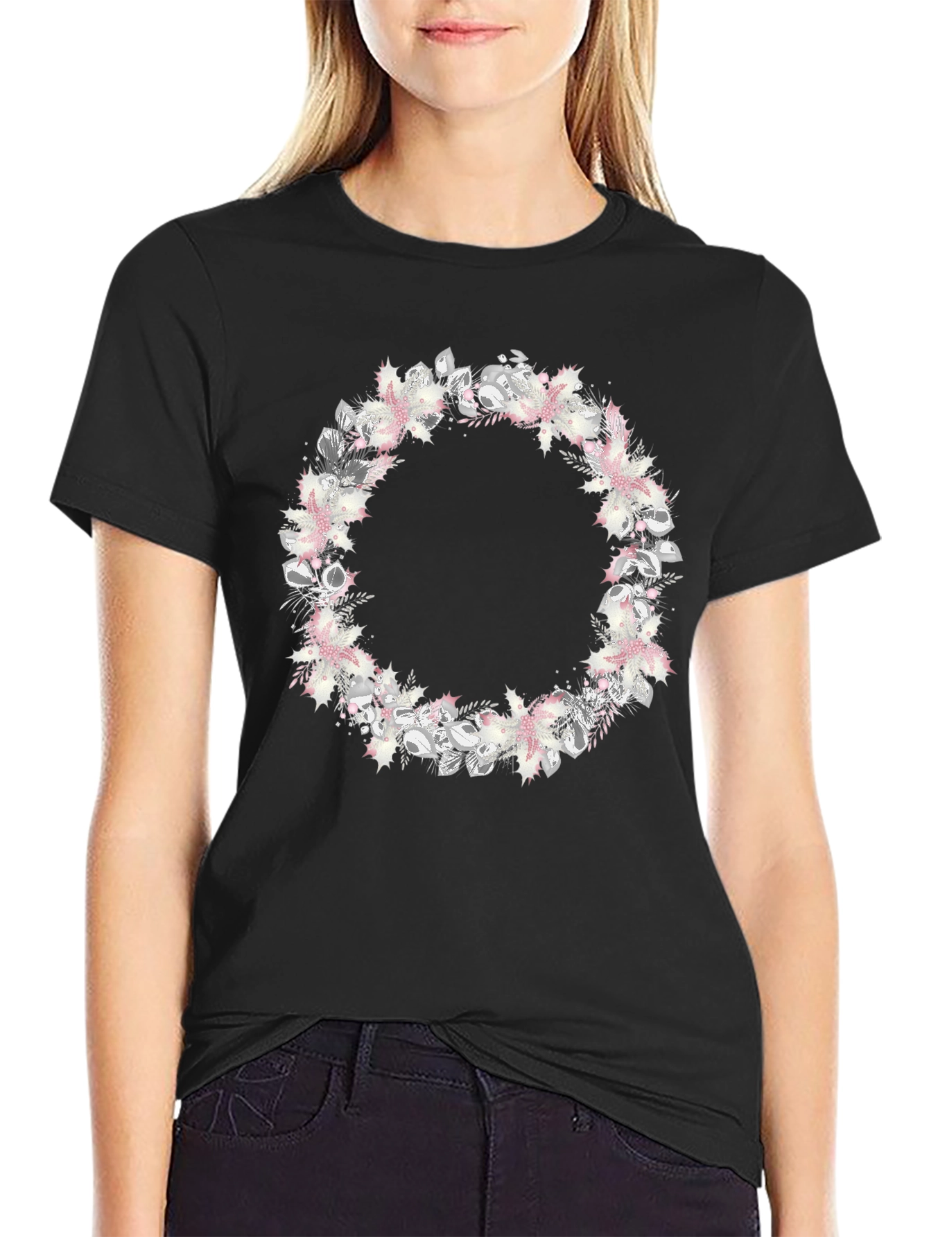 Floral Wreath Graphic Black T-Shirt