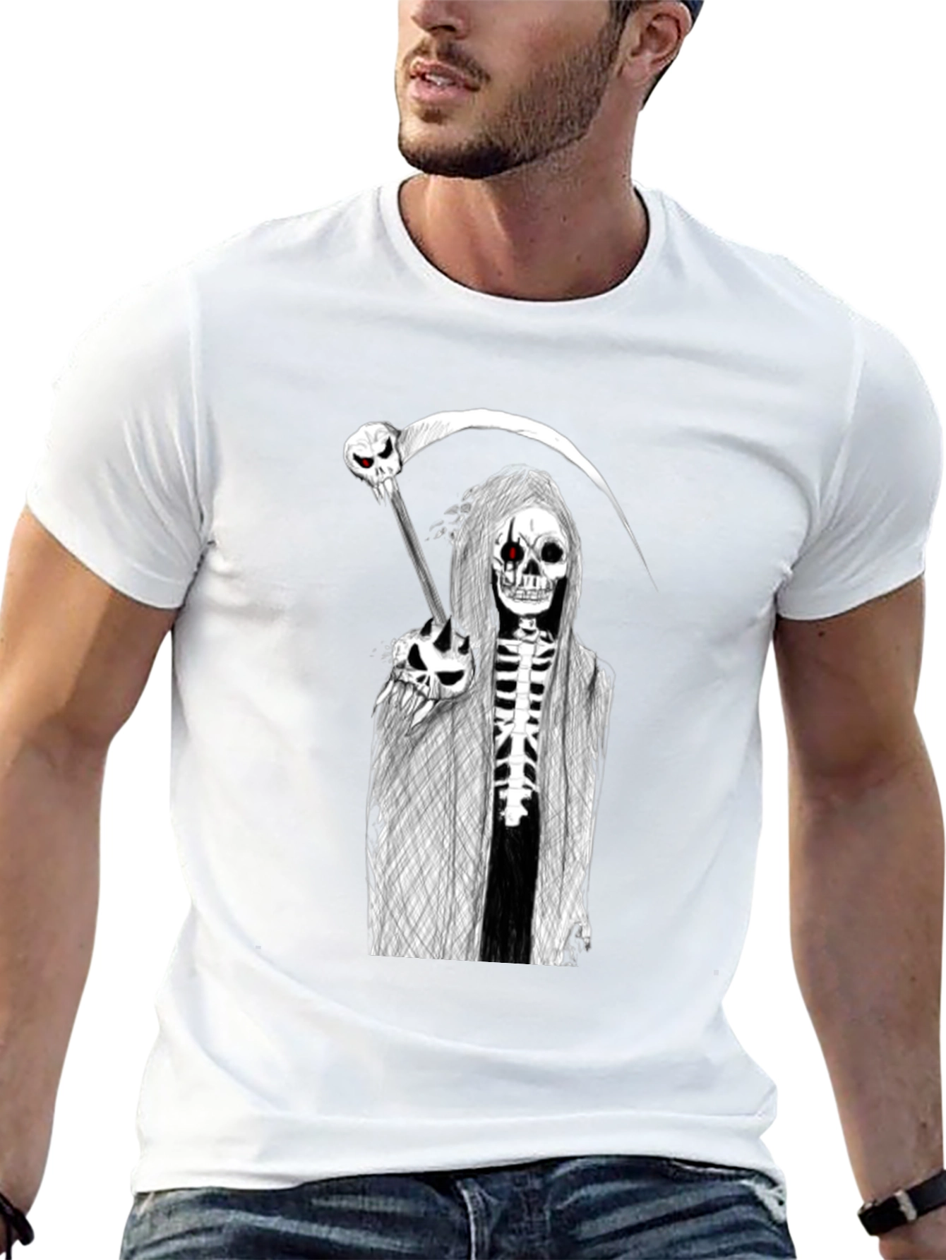 Grim Reaper Graphic Tee - Skull Scythe Print