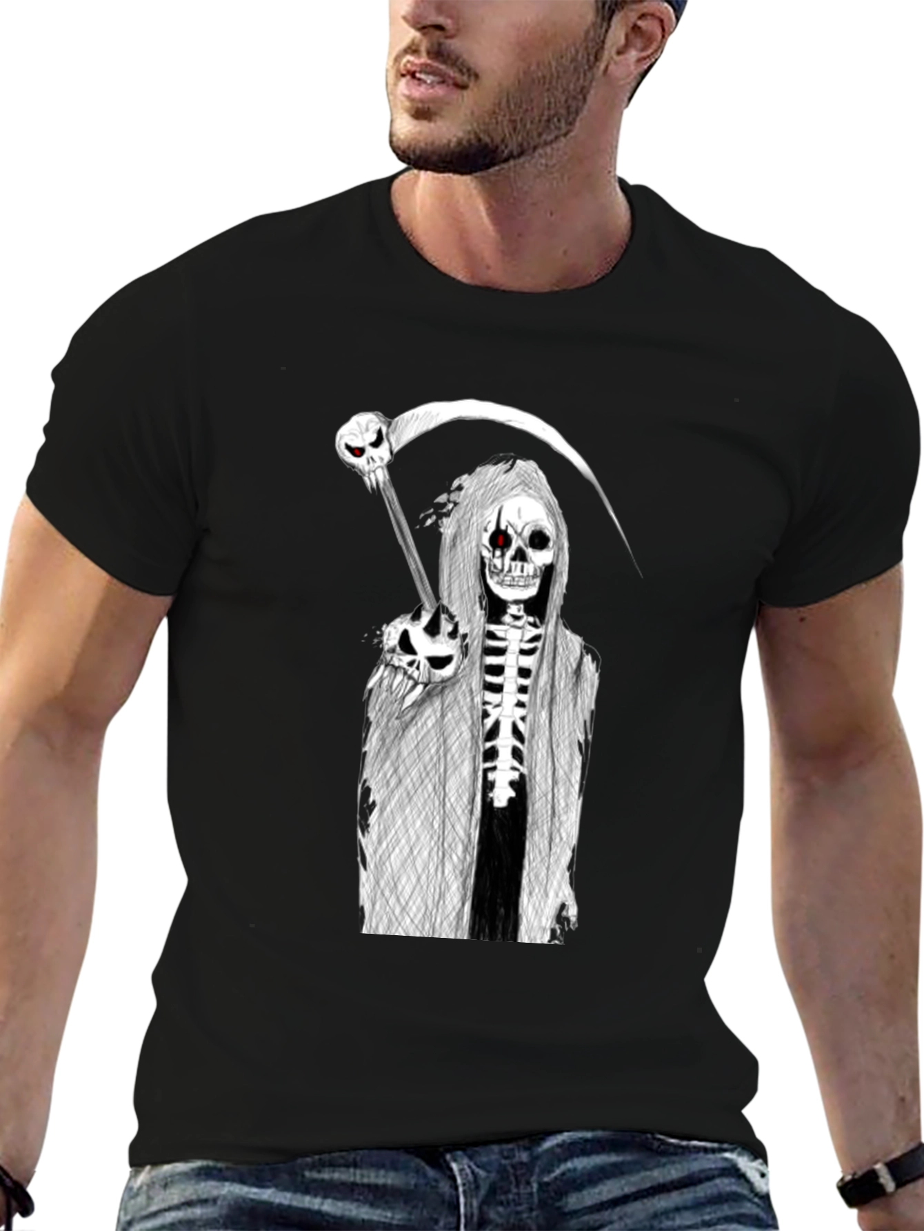 Grim Reaper Graphic Tee - Skull Scythe Print