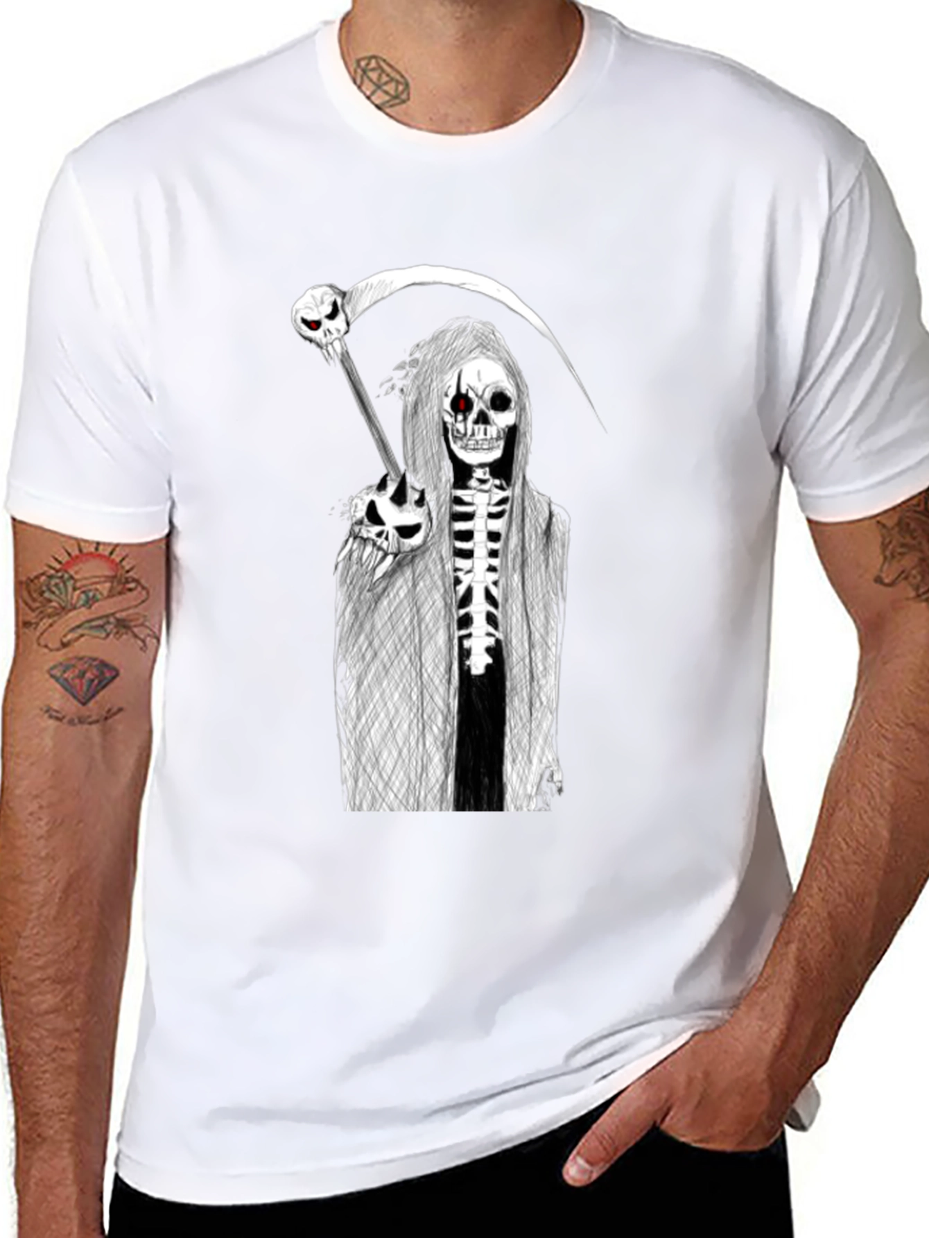 Grim Reaper Graphic Tee - Skull Scythe Print