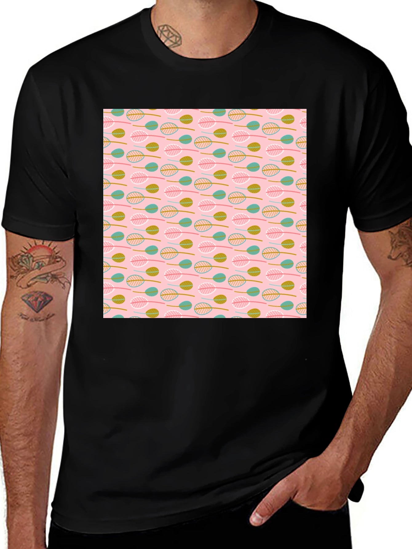 Leaf Pattern T-Shirt - Black Crew Neck Tee