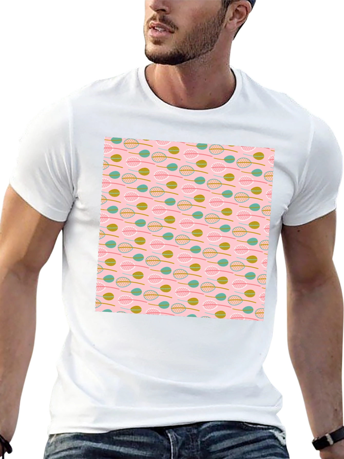 Leaf Pattern T-Shirt - Black Crew Neck Tee