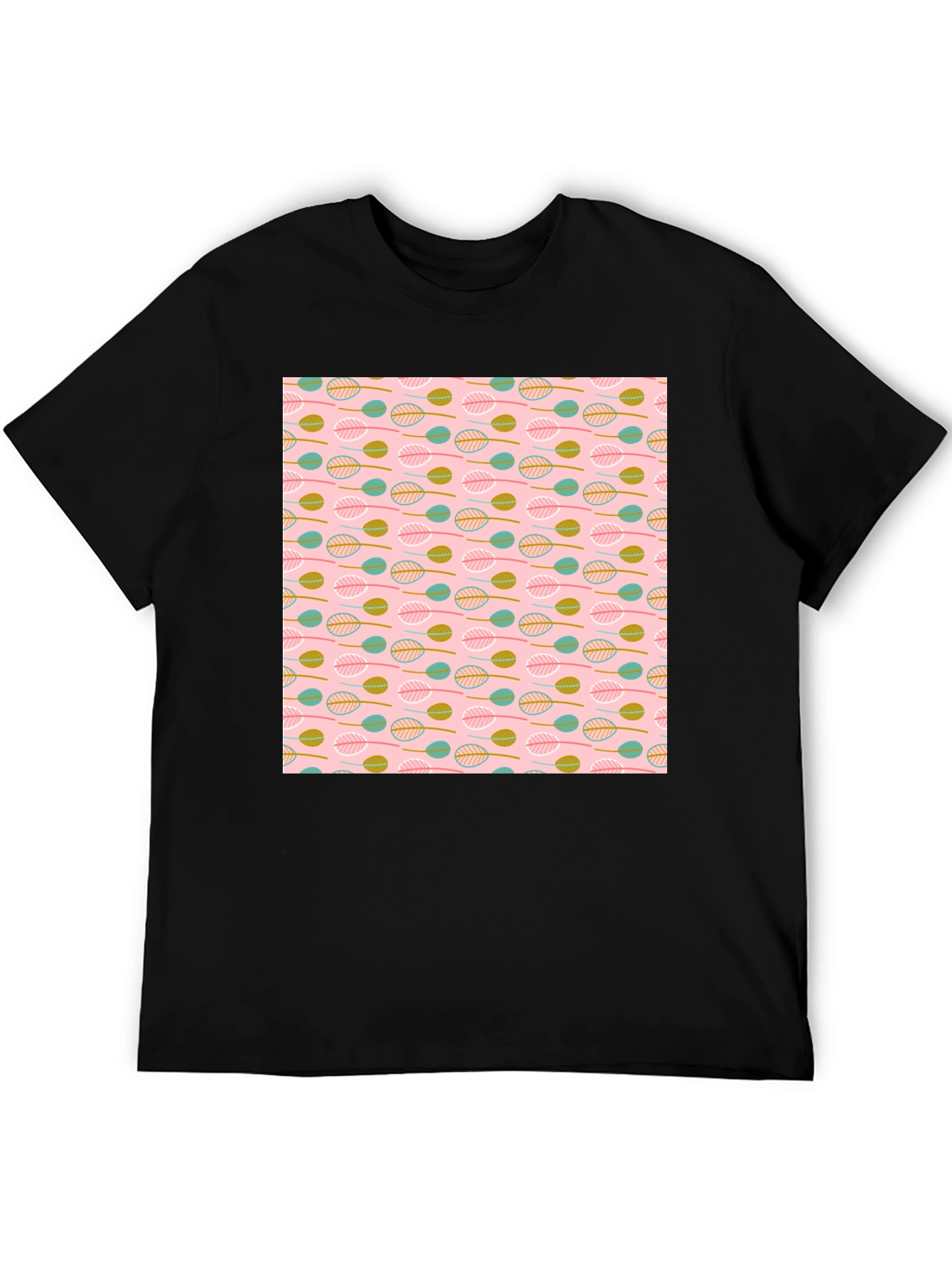 Leaf Pattern T-Shirt - Black Crew Neck Tee