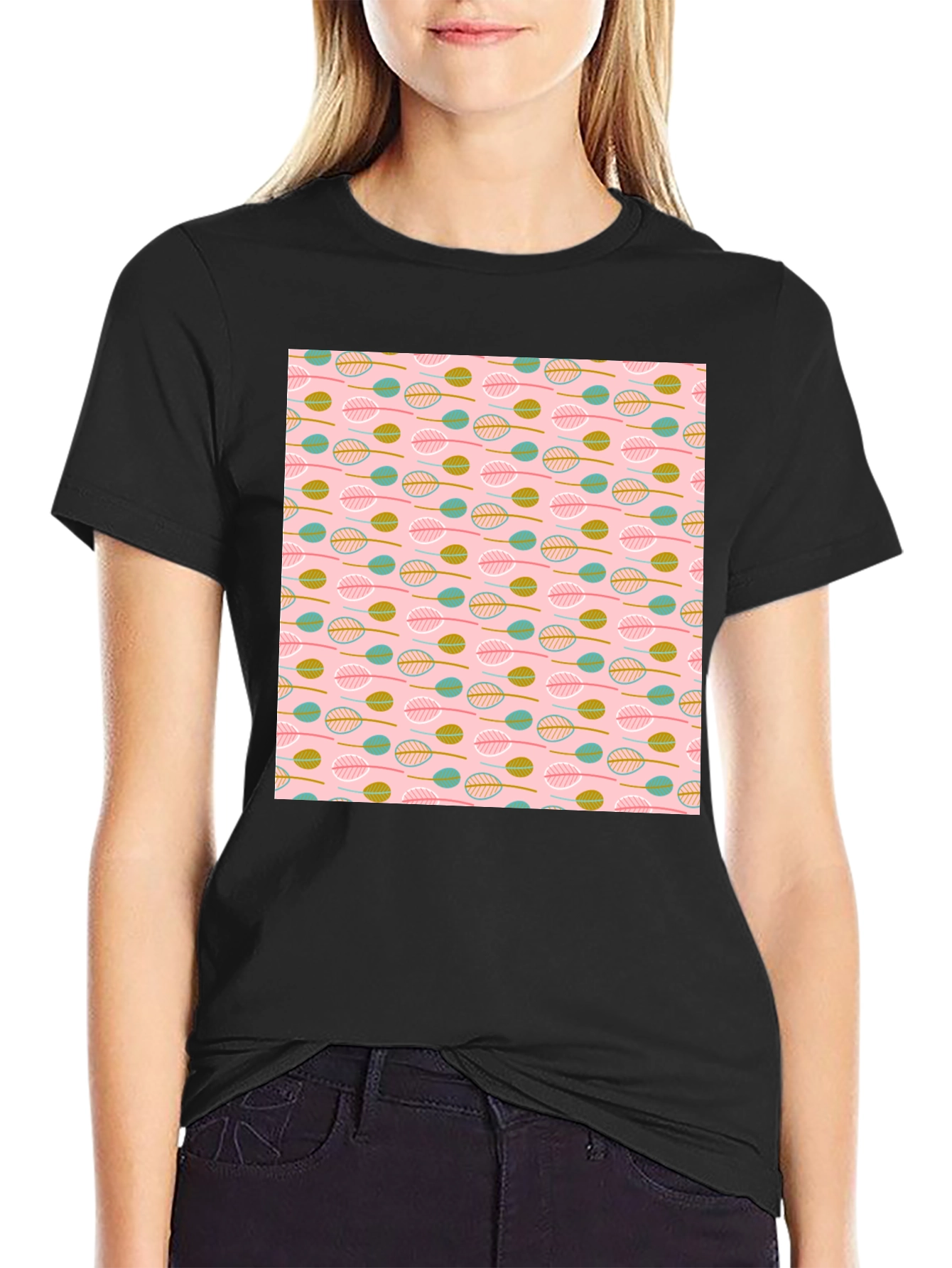 Leaf Pattern T-Shirt - Black Crew Neck Tee