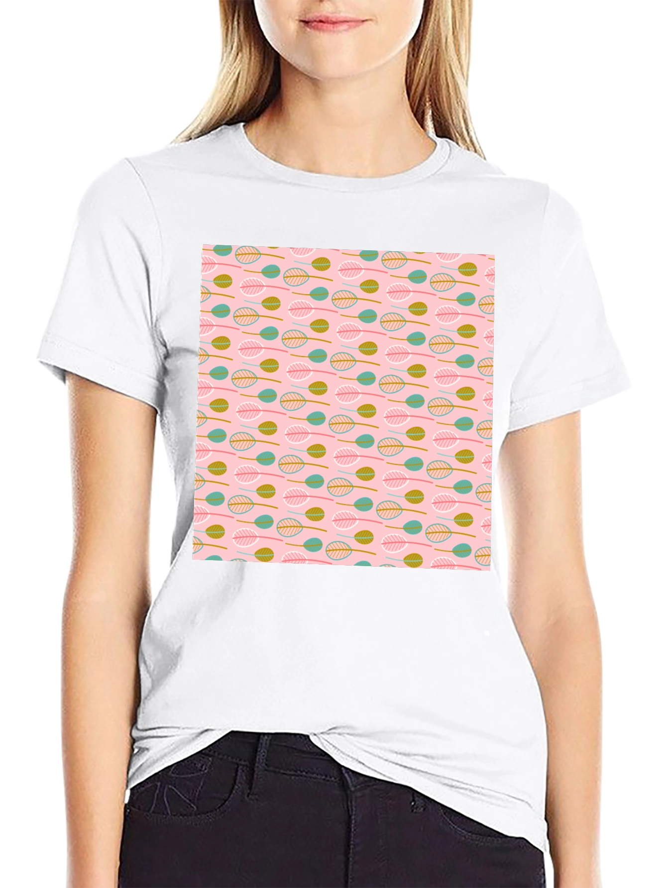 Leaf Pattern T-Shirt - Black Crew Neck Tee