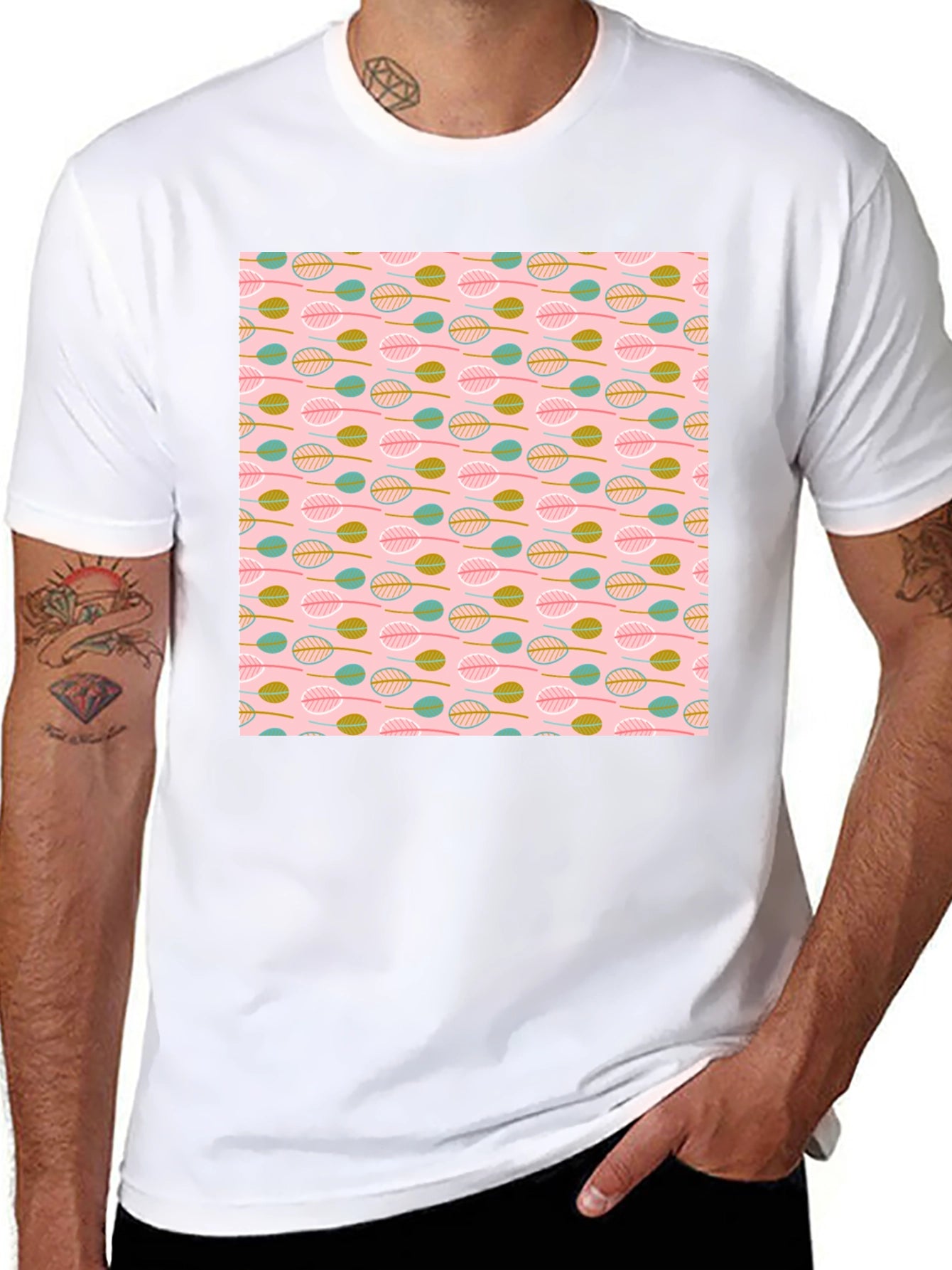 Leaf Pattern T-Shirt - Black Crew Neck Tee