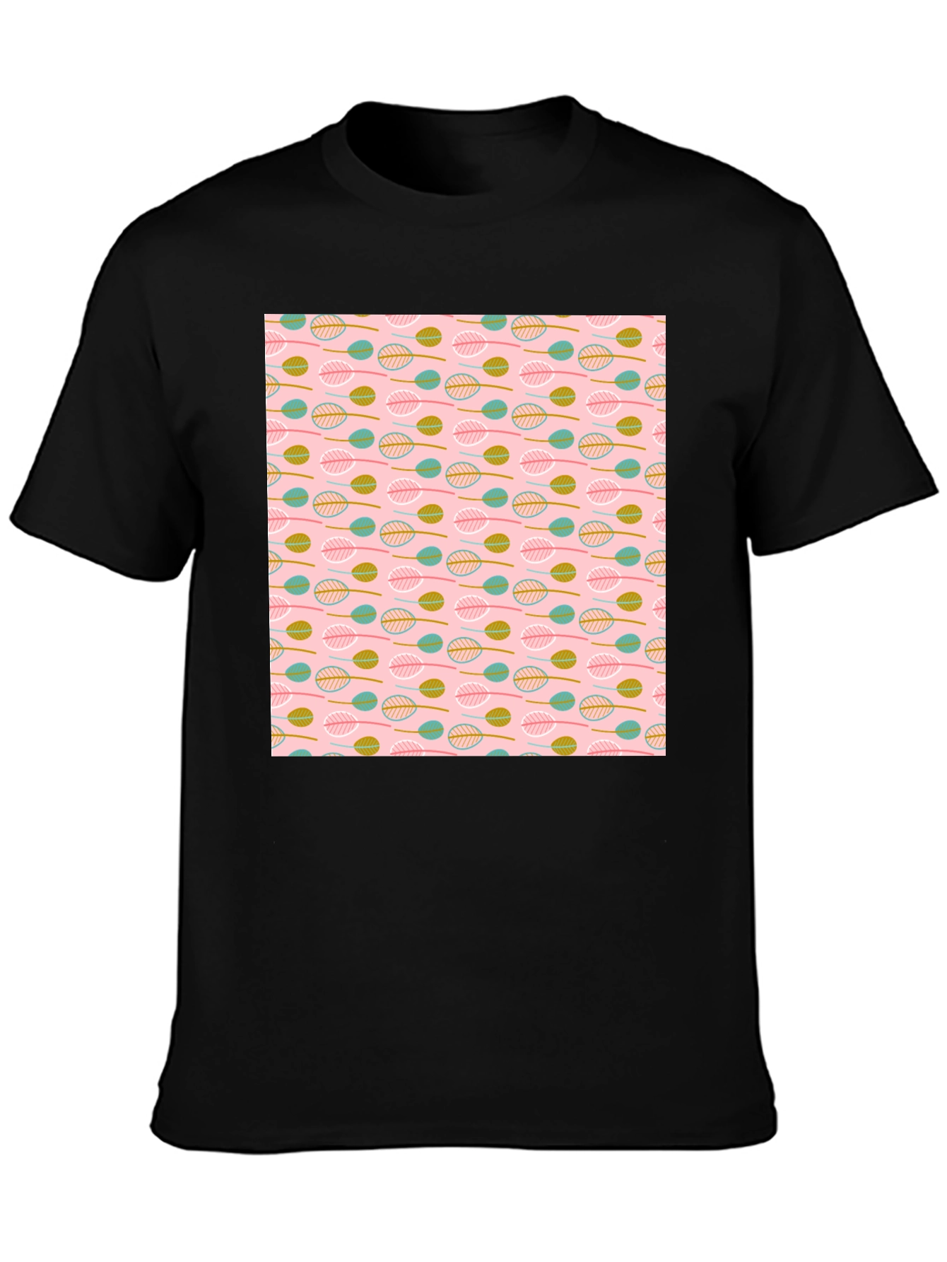 Leaf Pattern T-Shirt - Black Crew Neck Tee