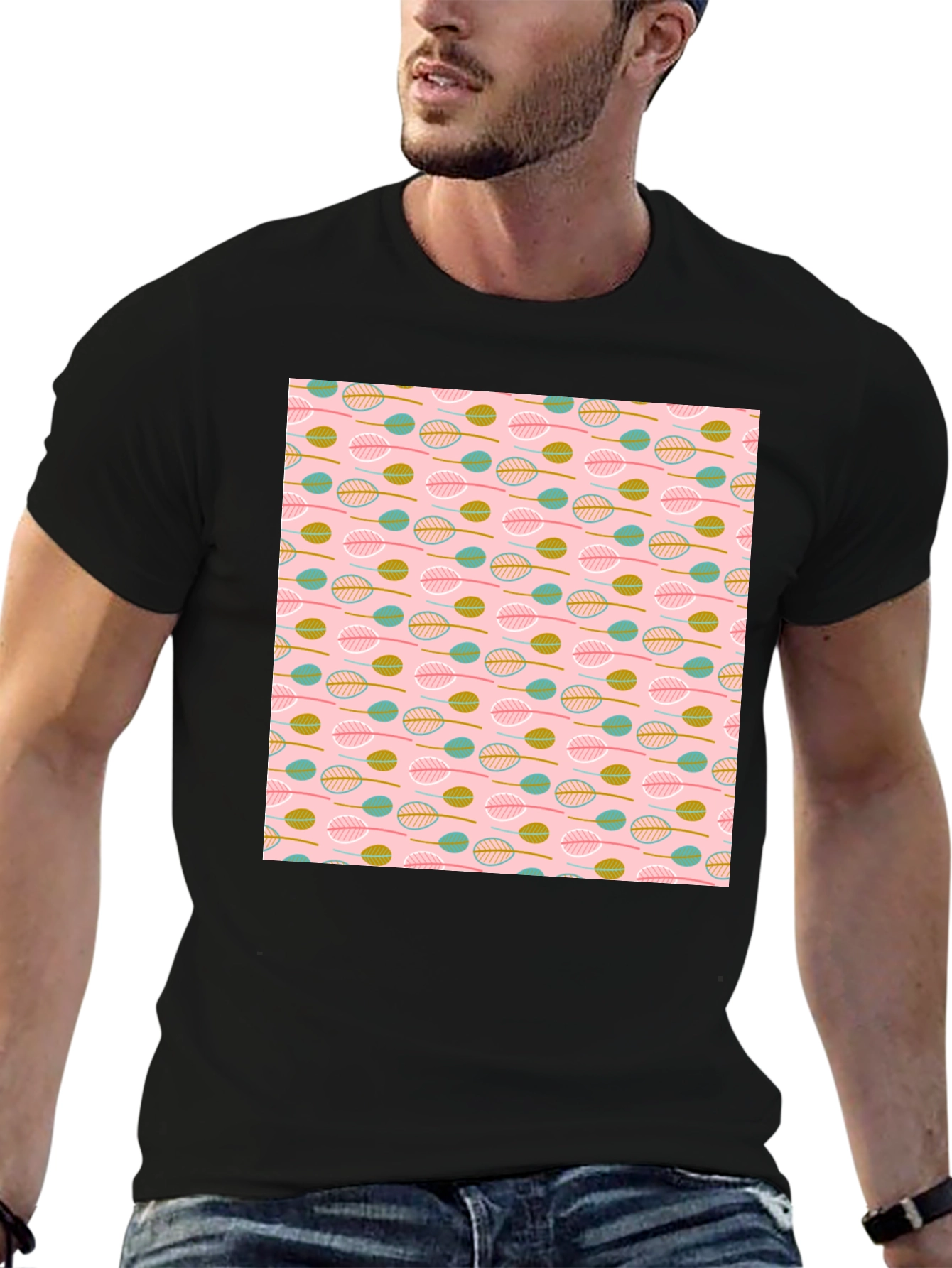 Leaf Pattern T-Shirt - Black Crew Neck Tee