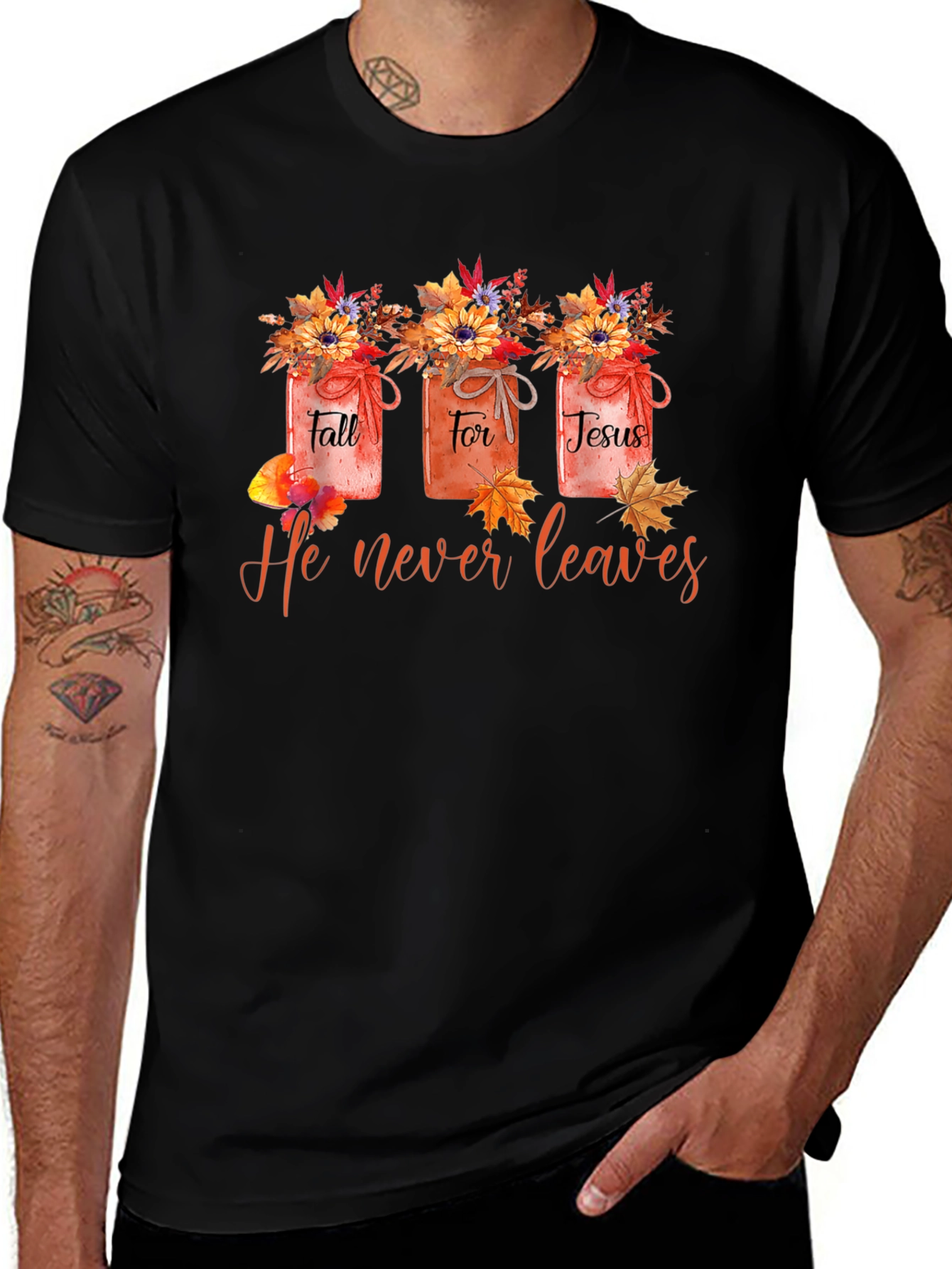 Fall For Jesus T-Shirt - He Never Leaves