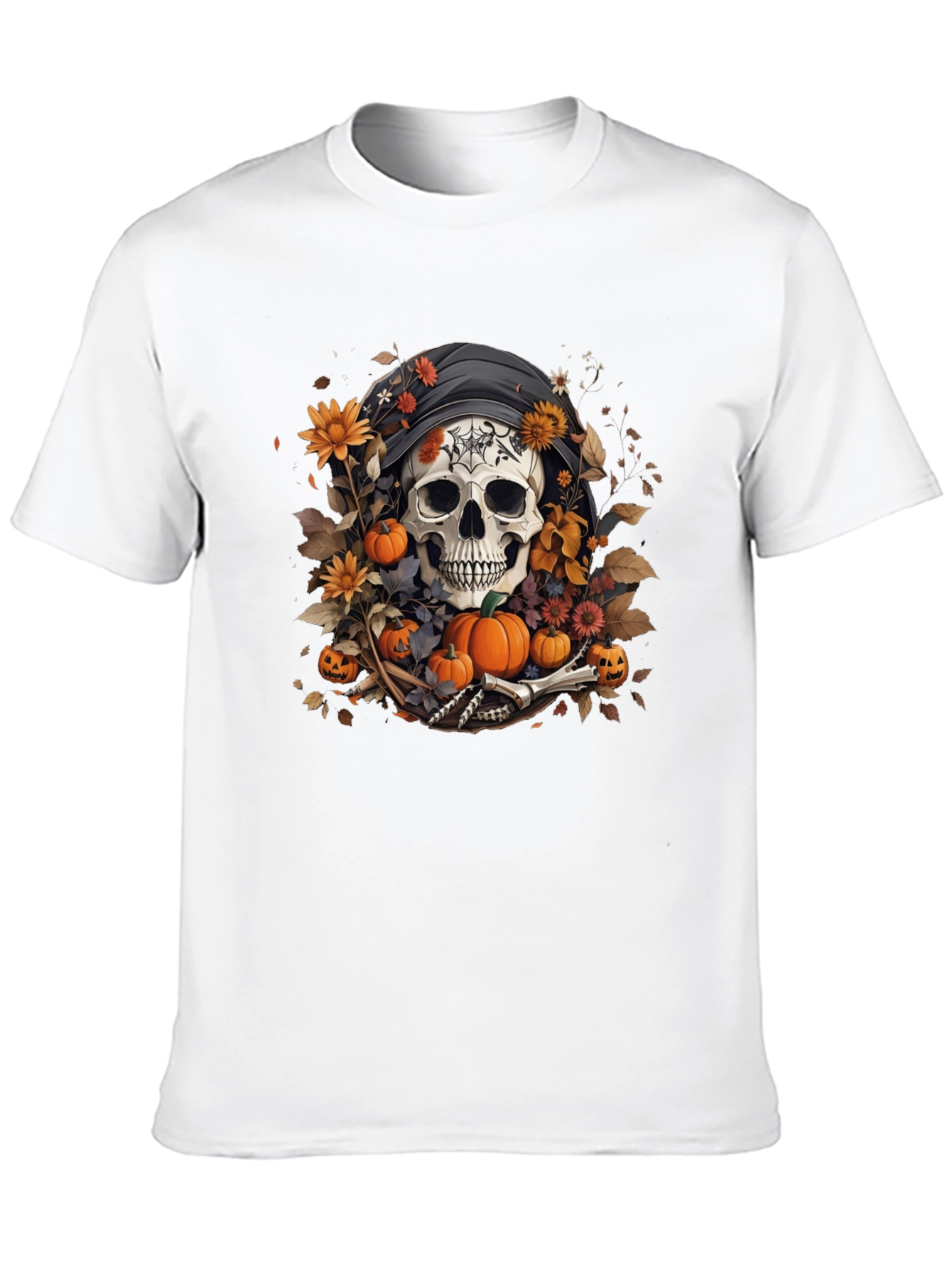Halloween Skull T-Shirt: Floral Pumpkin Reaper Design