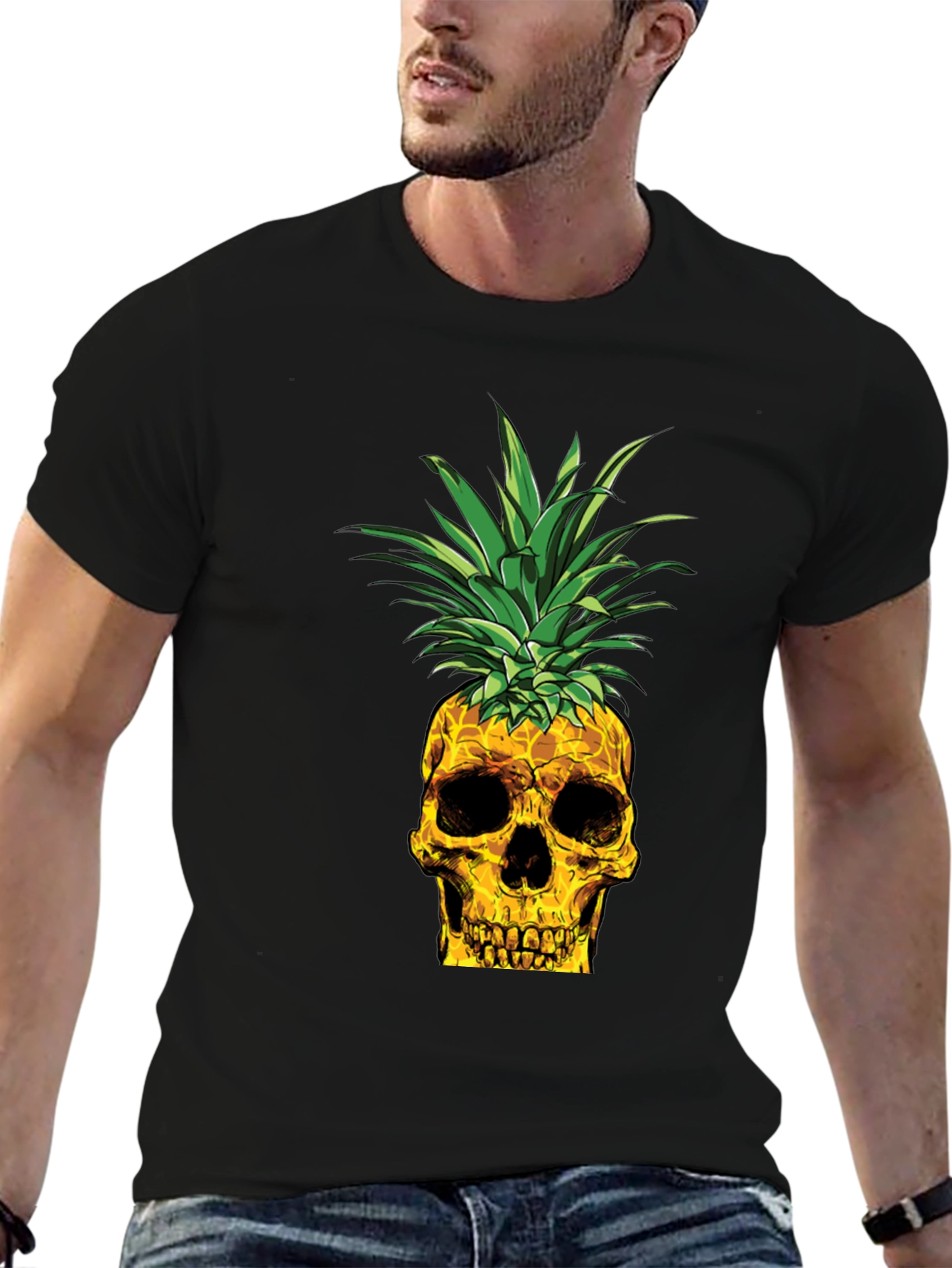 Skull Pineapple Graphic Tee - Black Cotton T-Shirt